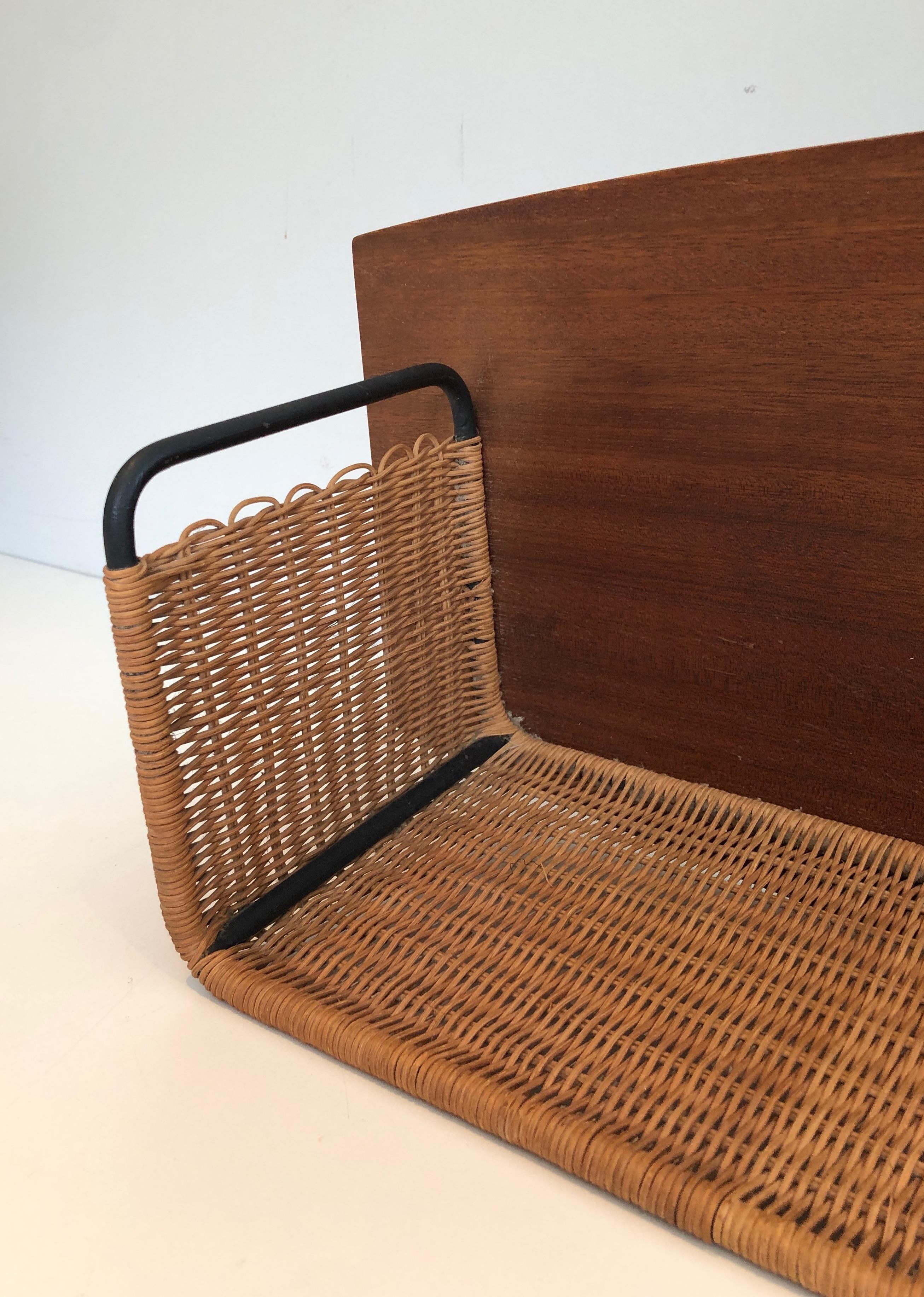 Wood, Rattan and Lacquered Metal Shelves Unit. French work by Raymond Glemeau For Sale 1