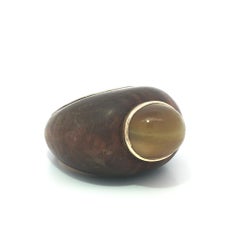 Wood Ring Solid Yellow Gold & Oval Cabochon Bezel Set Tiger Eye Solitaire Stone