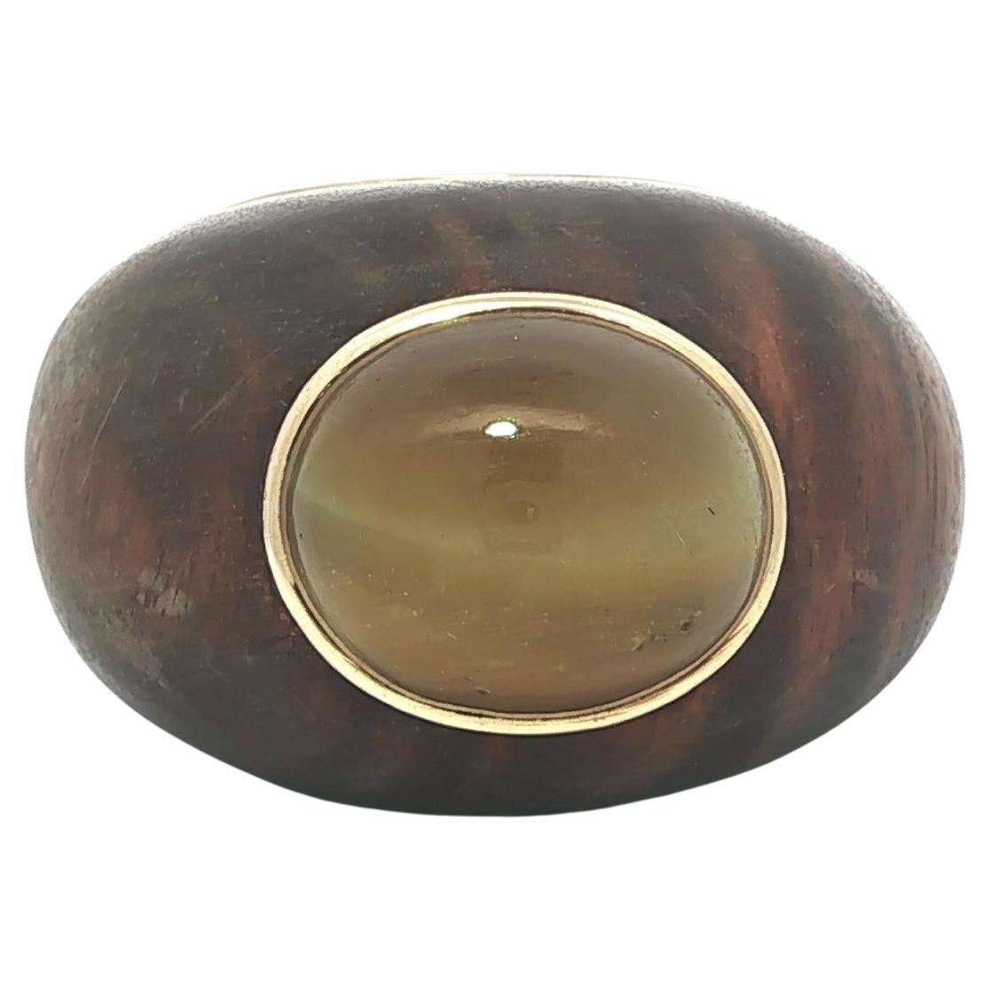 Wood Ring Solid Yellow Gold 
Oval Cabochon Bezel Set Tiger Eye Solitaire Stone For Sale