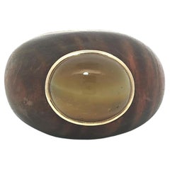 Wood Ring Solid Yellow Gold 
Oval Cabochon Bezel Set Tiger Eye Solitaire Stone
