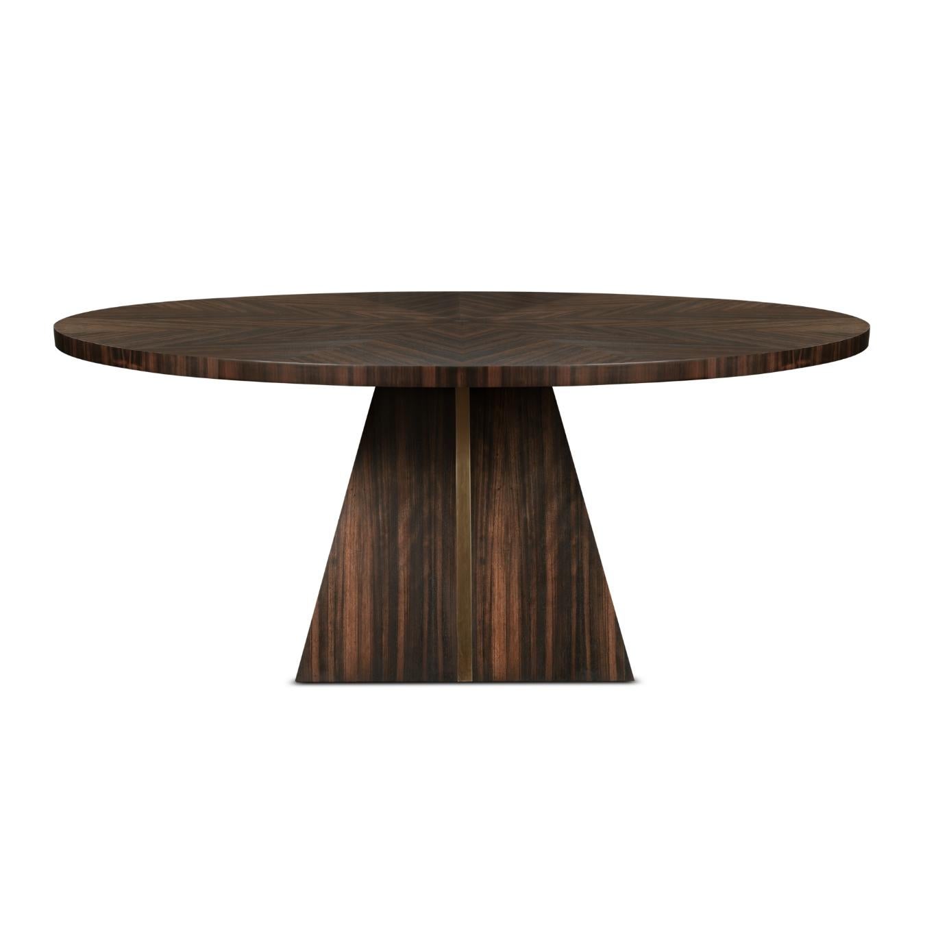 This ebony veneered dining table has a triangle-shaped base that is adorned with a brass strip on its side. The tabletop has a unique star design, complete with a waxed finish.
 