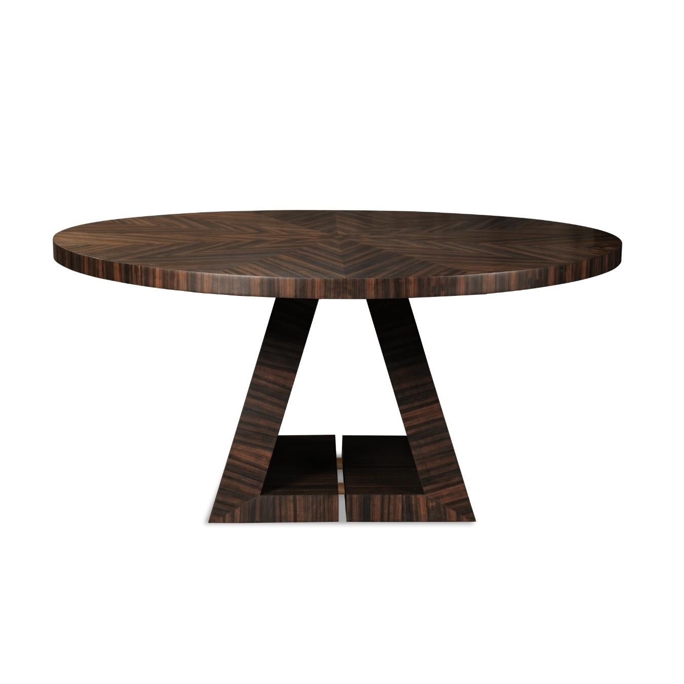 Mexican Wood Round Rochelle Dining Table with Ebony Veneer Wax Finish and Brass Details For Sale