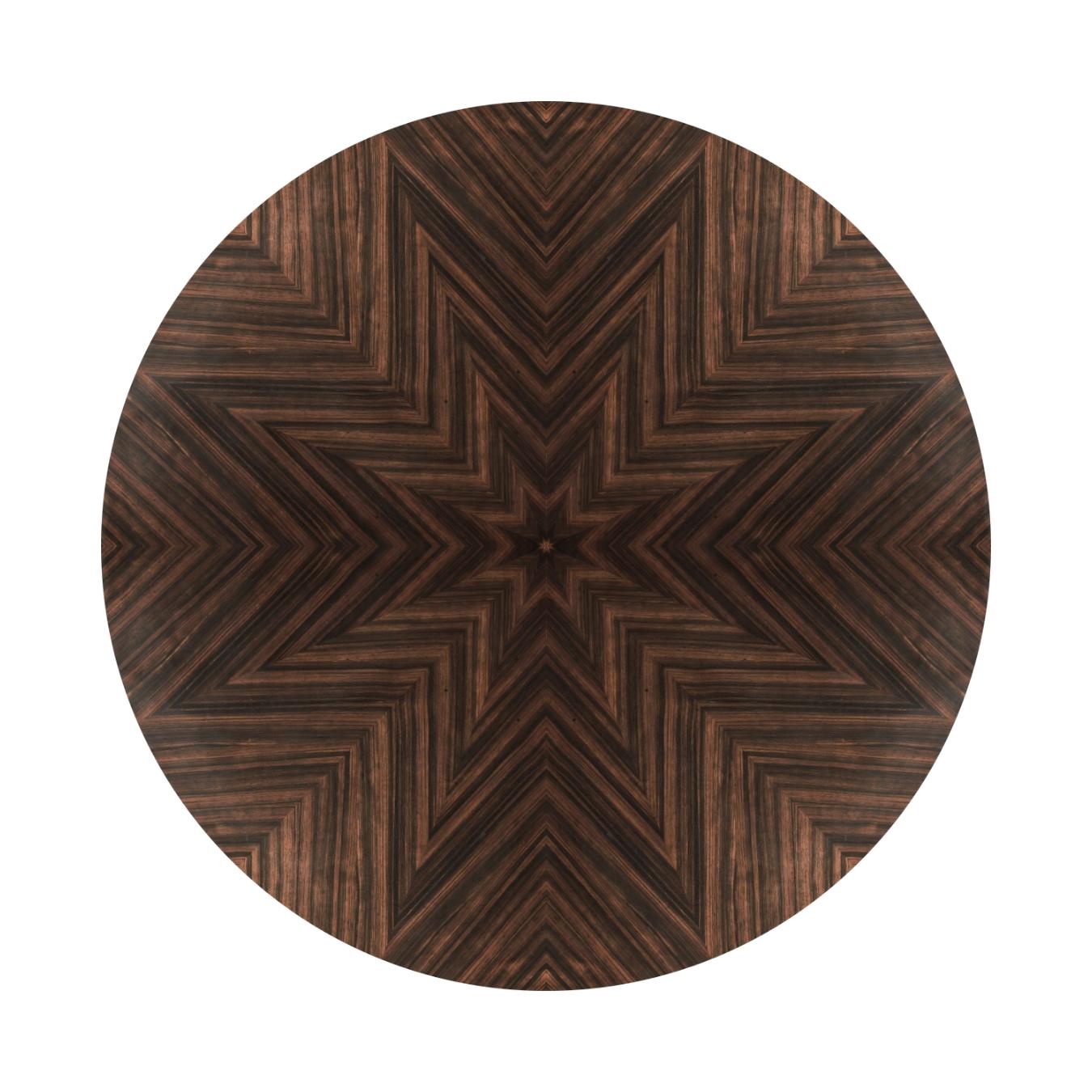 Wood Round Rochelle Dining Table with Ebony Veneer Wax Finish and Brass Details For Sale 1