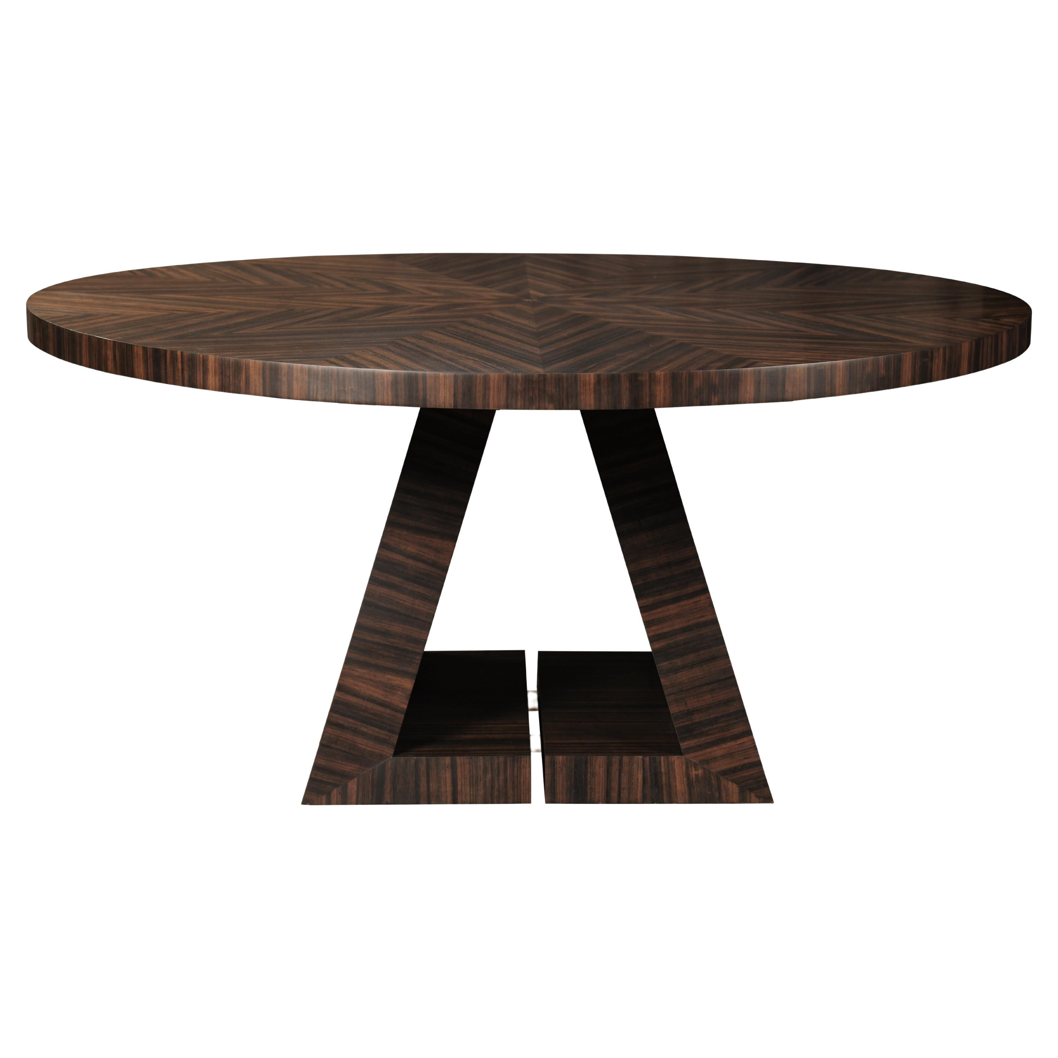 Wood Round Rochelle Dining Table with Ebony Veneer Wax Finish and Brass Details For Sale