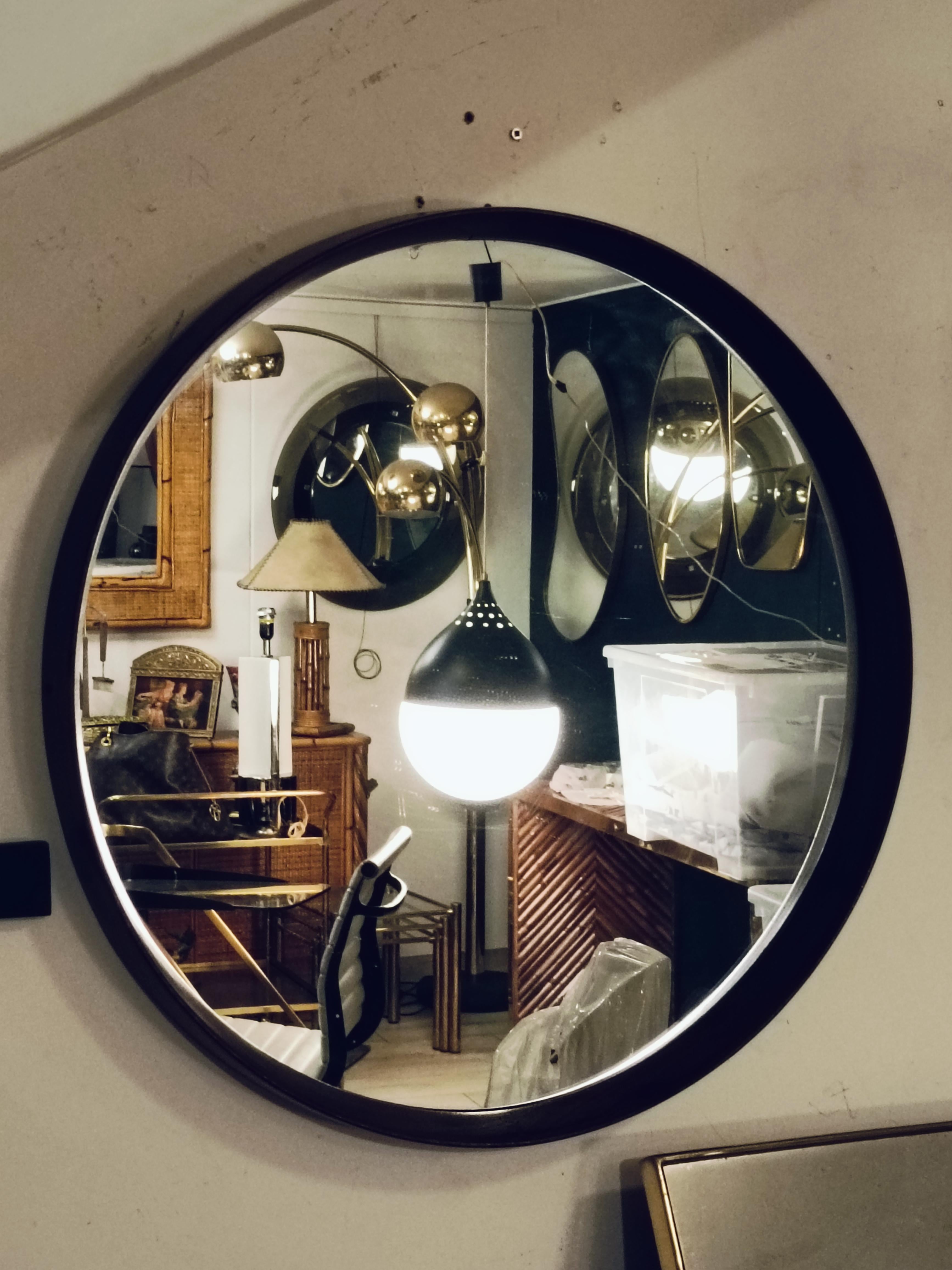 Italian Wood Round Wall Mirror, Italy, 1960s For Sale