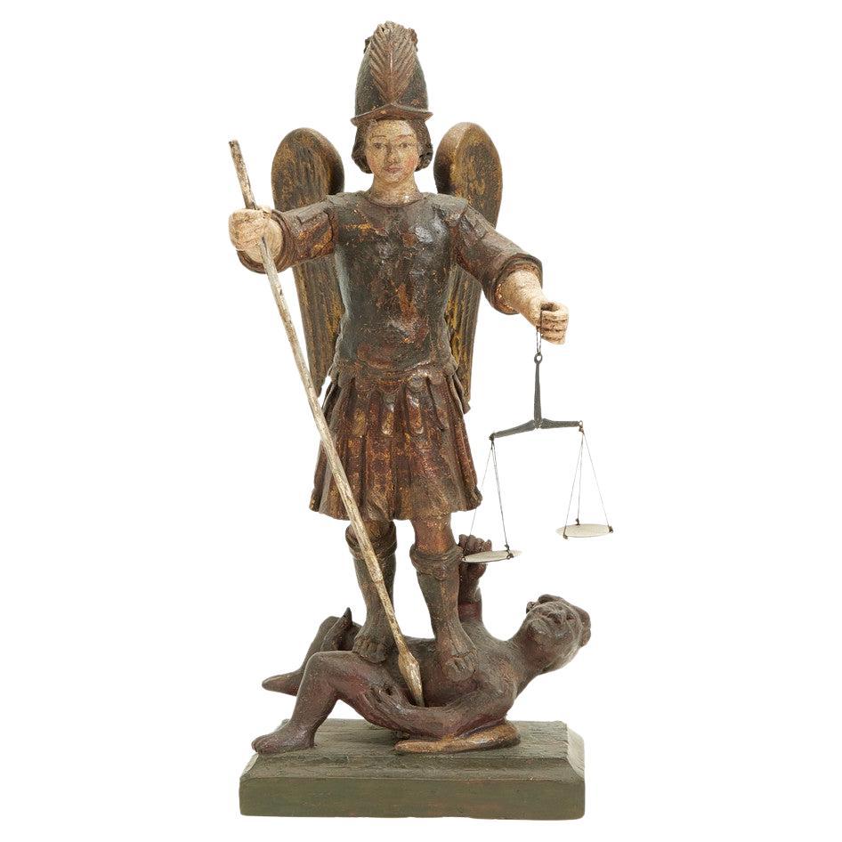 Wood Sculpture, Archangel Michael, 16th-17th Century, Europe For Sale