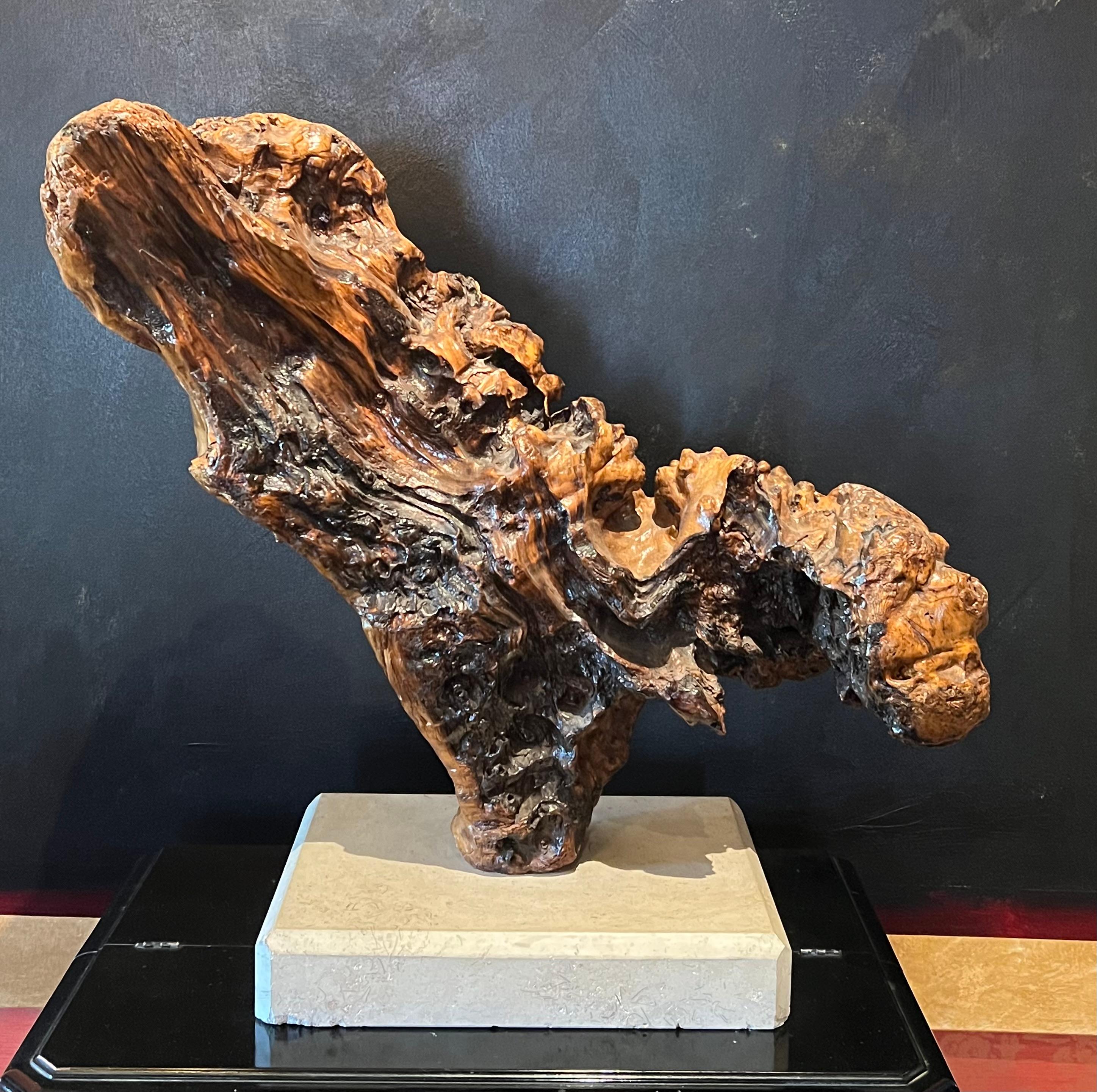 Wood Sculpture on Limestone Base For Sale 1