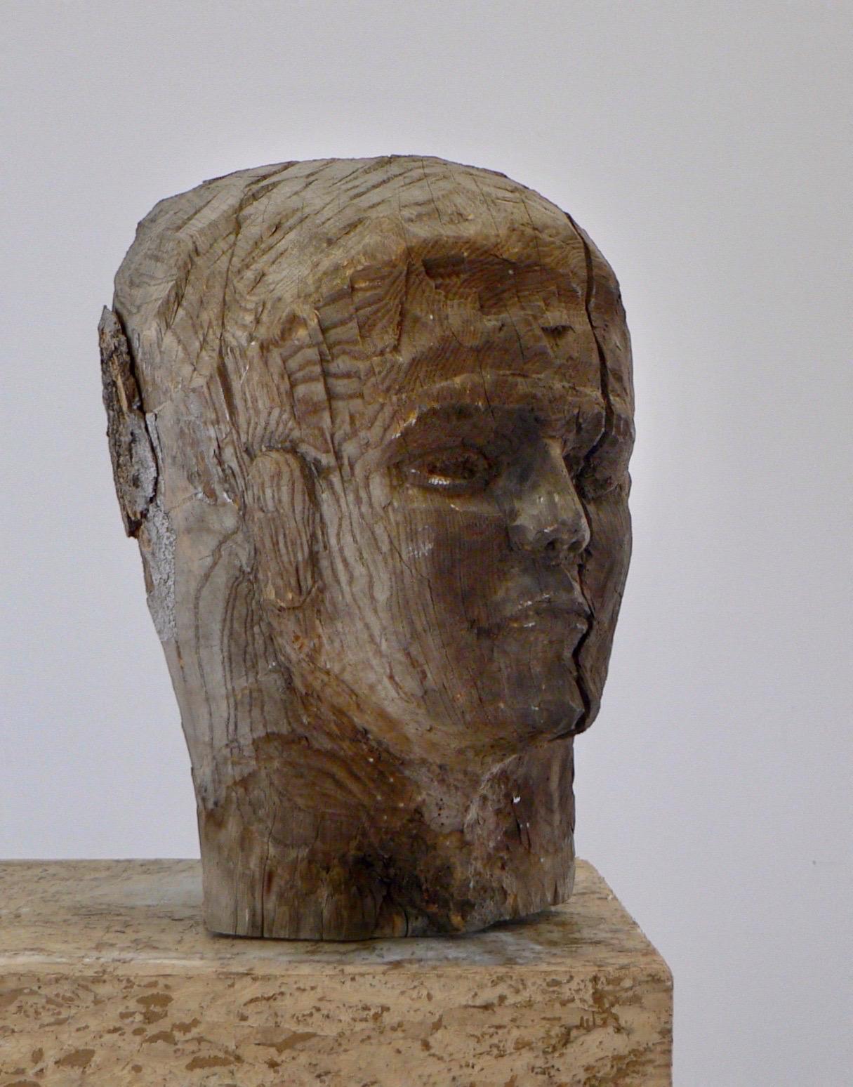 French Wood sculpture - two faces - french folk art - Early XX th century For Sale