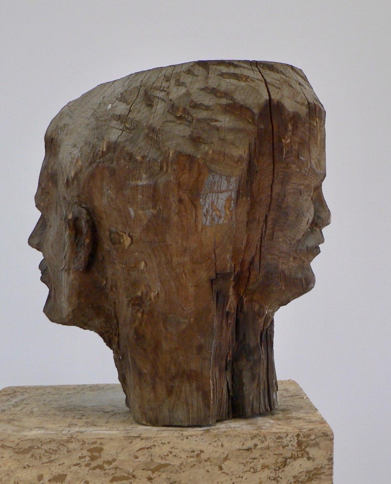 Wood sculpture - two faces - french folk art - Early XX th century In Good Condition For Sale In SOTTEVILLE-LÈS-ROUEN, FR