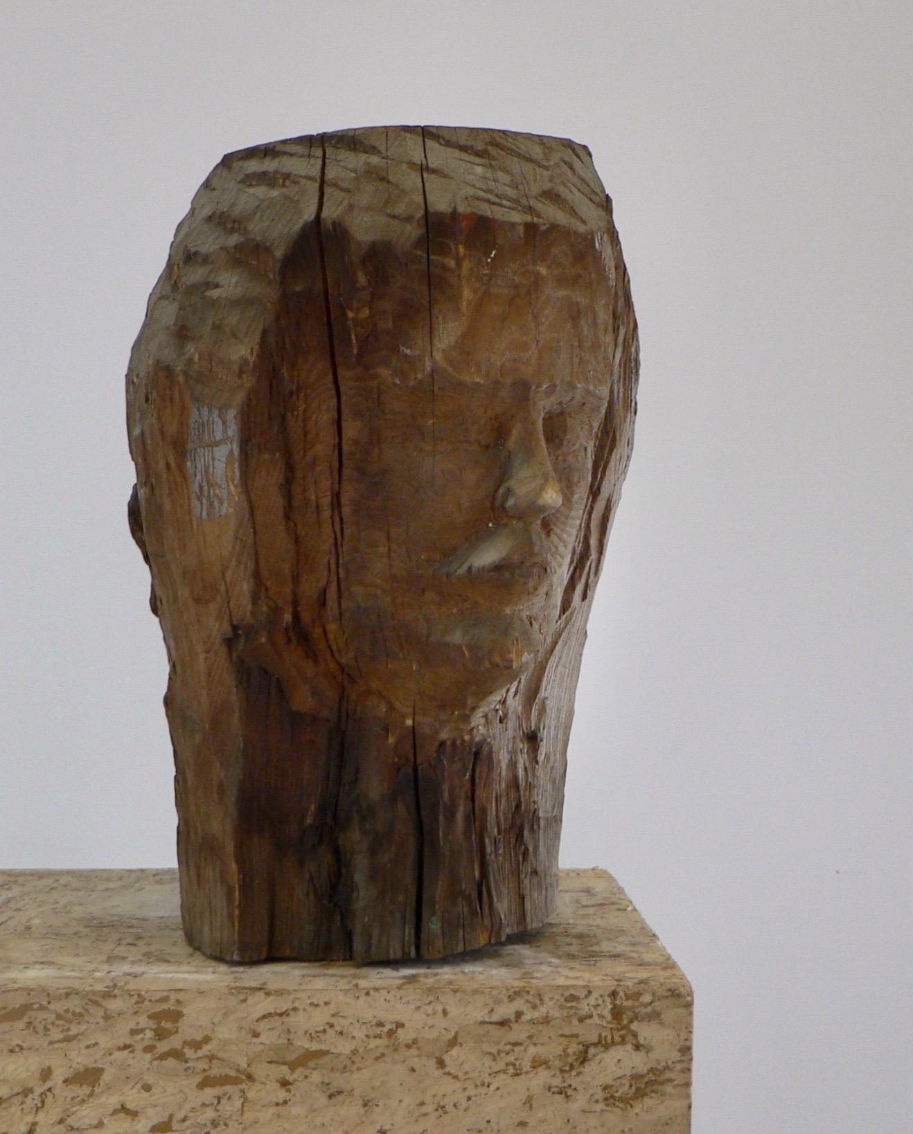 20th Century Wood sculpture - two faces - french folk art - Early XX th century For Sale