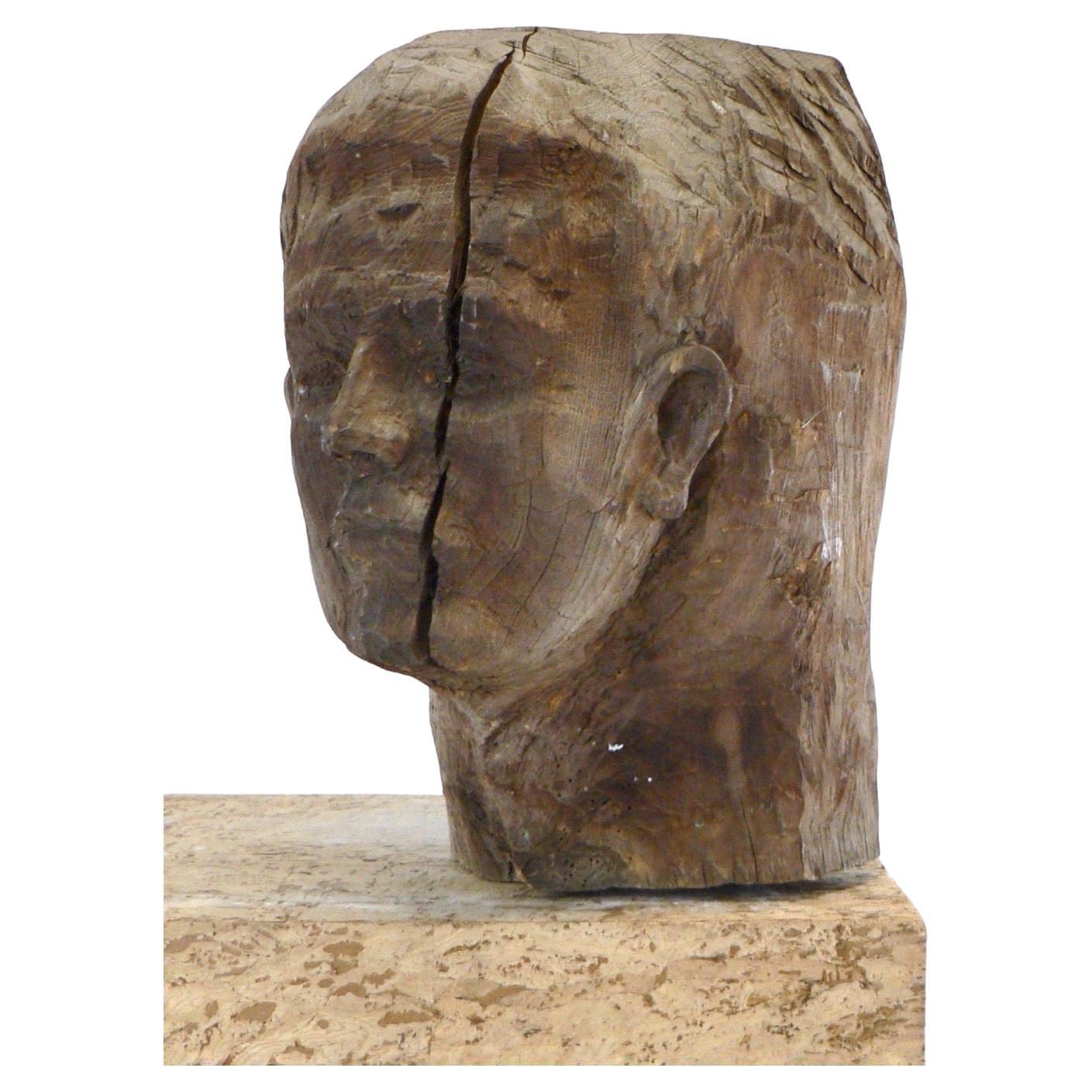 Wood sculpture - two faces - french folk art - Early XX th century For Sale