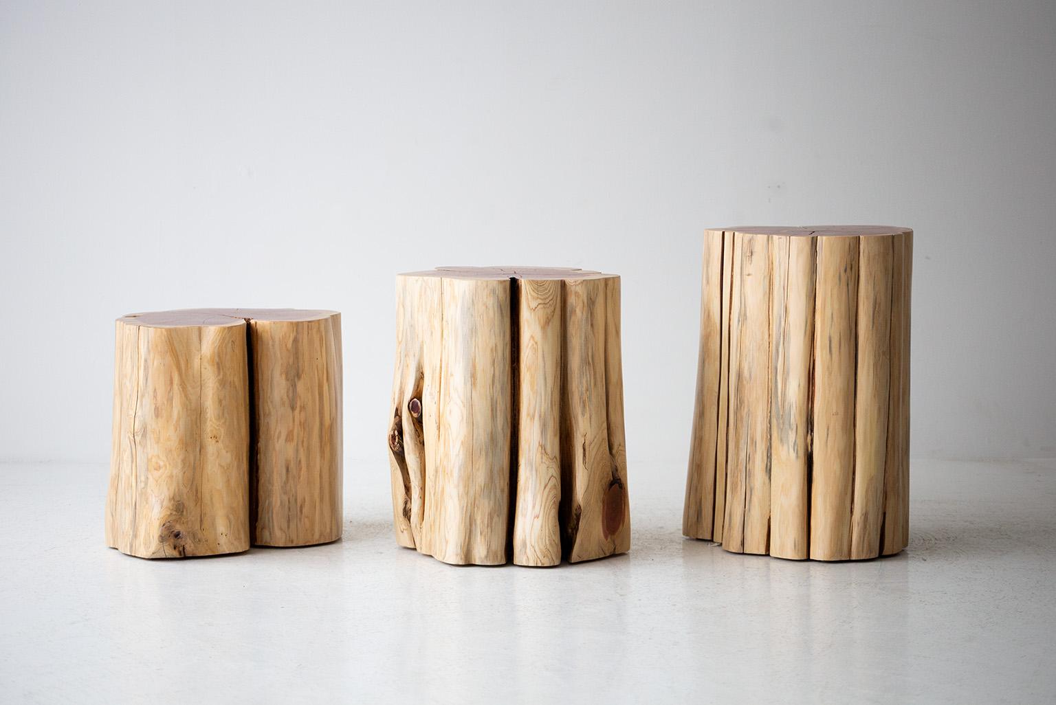 Hand-Carved Bertu Wood Side Tables, Natural Wood Side Table, Red Cedar For Sale