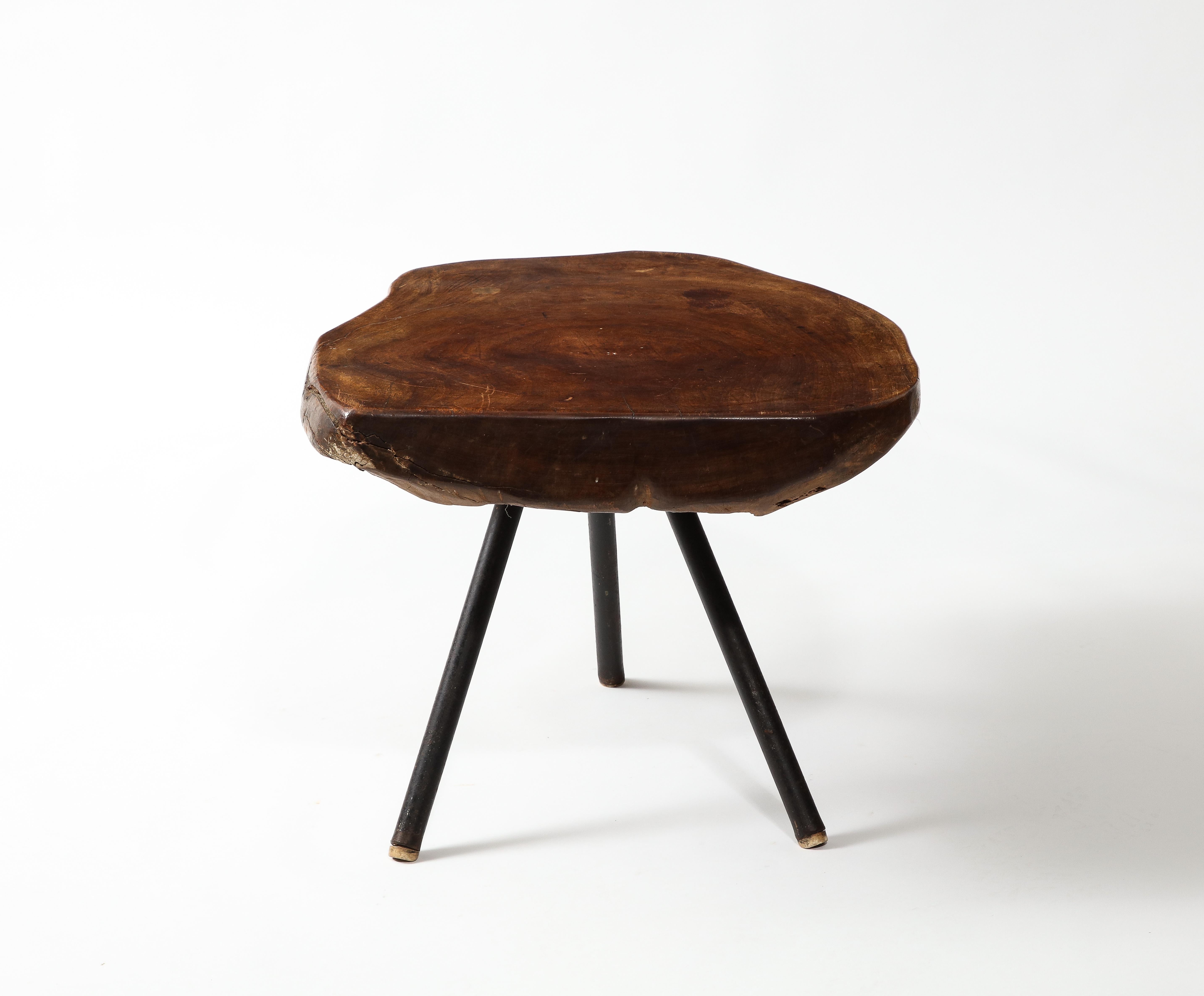 Mid-Century Modern Wood Slab Tripod Coffee Table, France 1960's For Sale