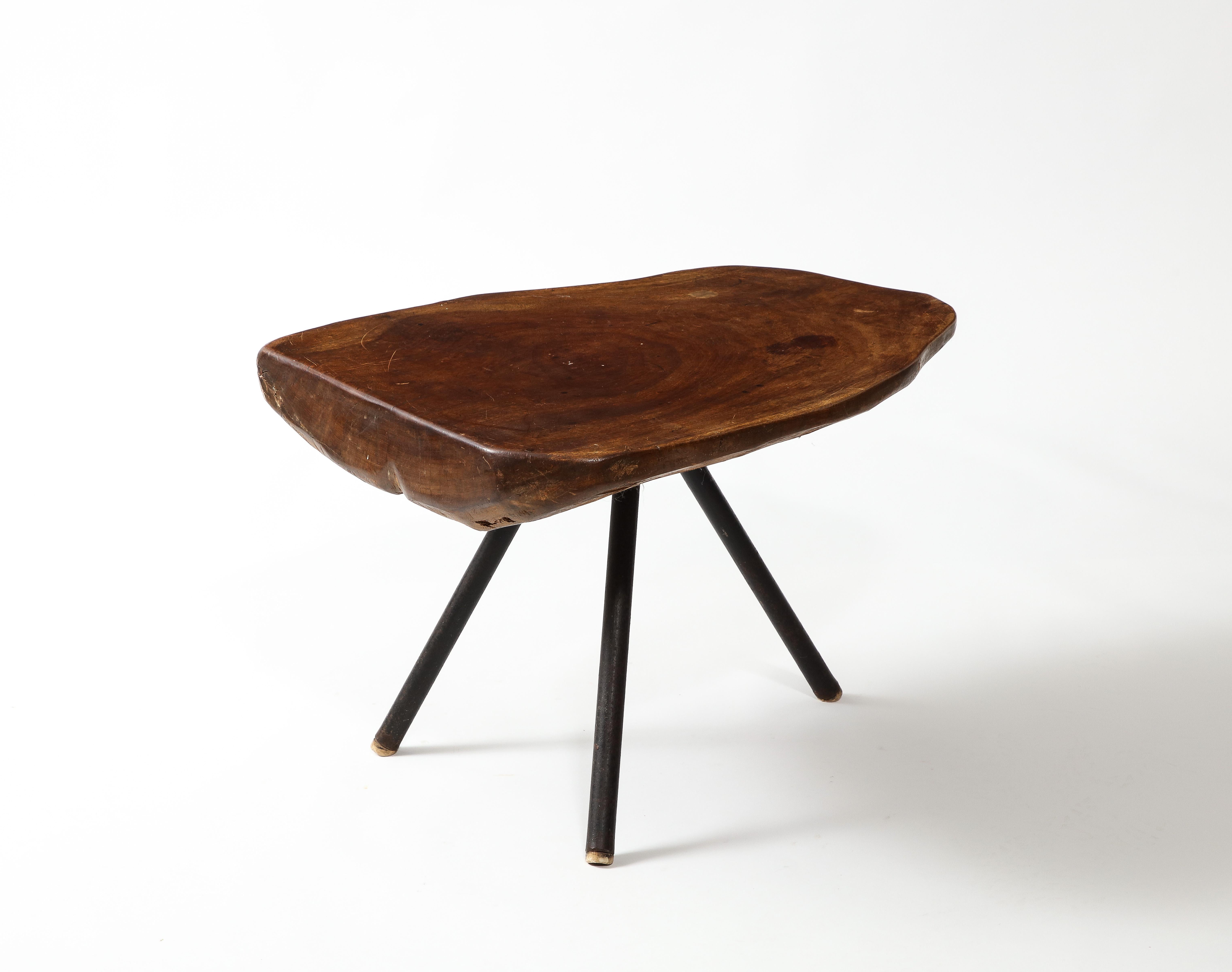 French Wood Slab Tripod Coffee Table, France 1960's For Sale