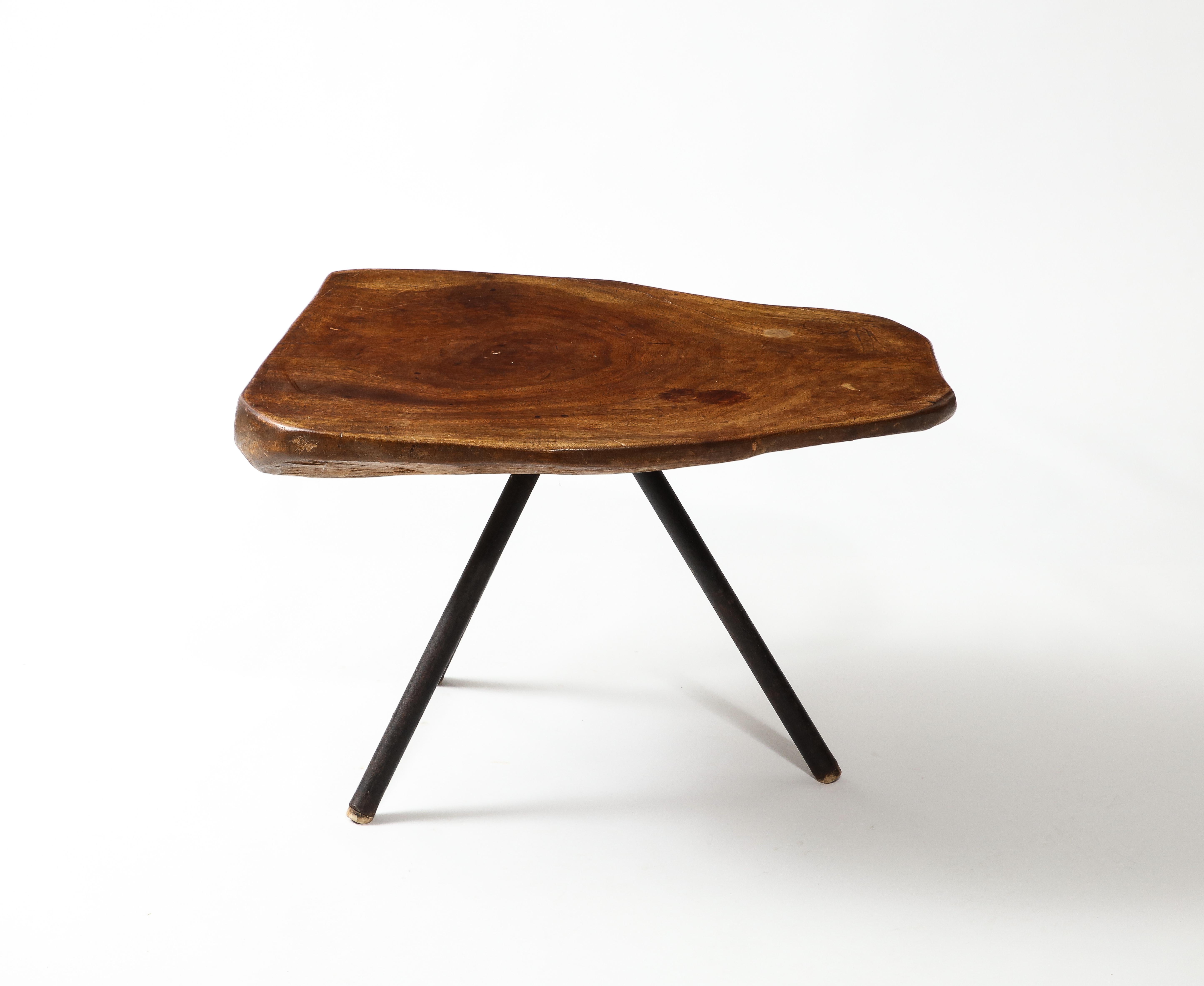 Wood Slab Tripod Coffee Table, France 1960's In Good Condition For Sale In New York, NY