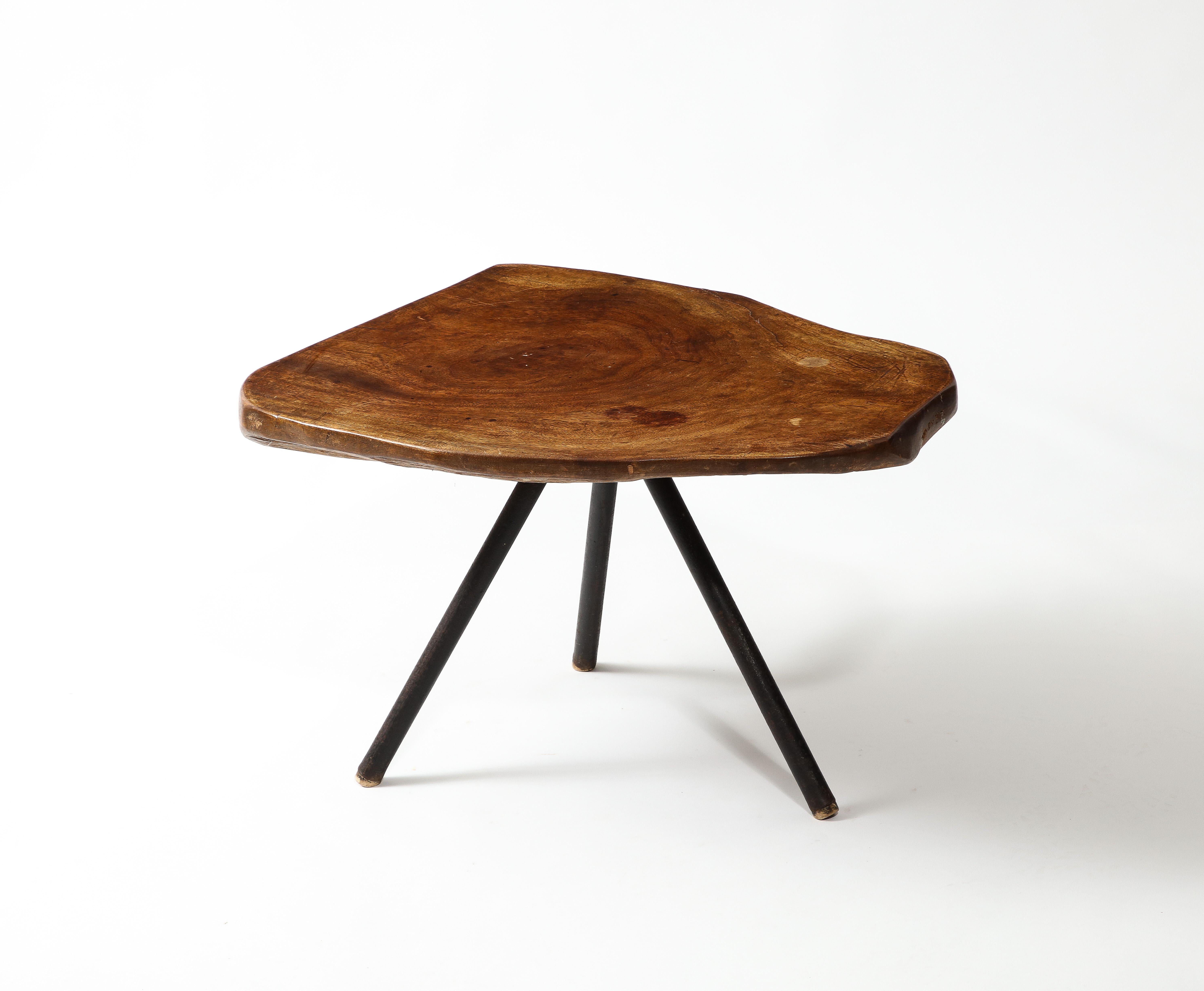 20th Century Wood Slab Tripod Coffee Table, France 1960's For Sale