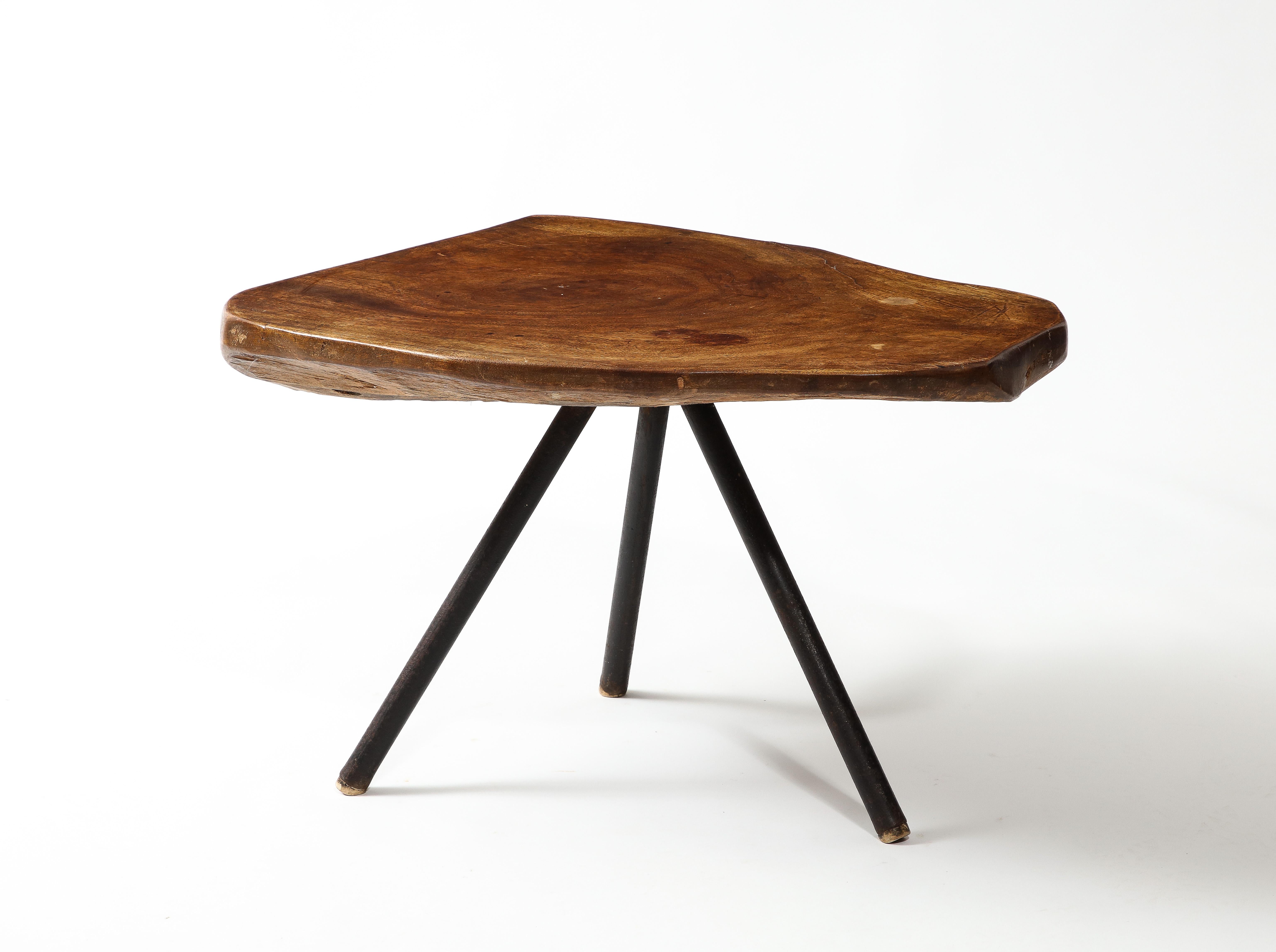 Steel Wood Slab Tripod Coffee Table, France 1960's For Sale