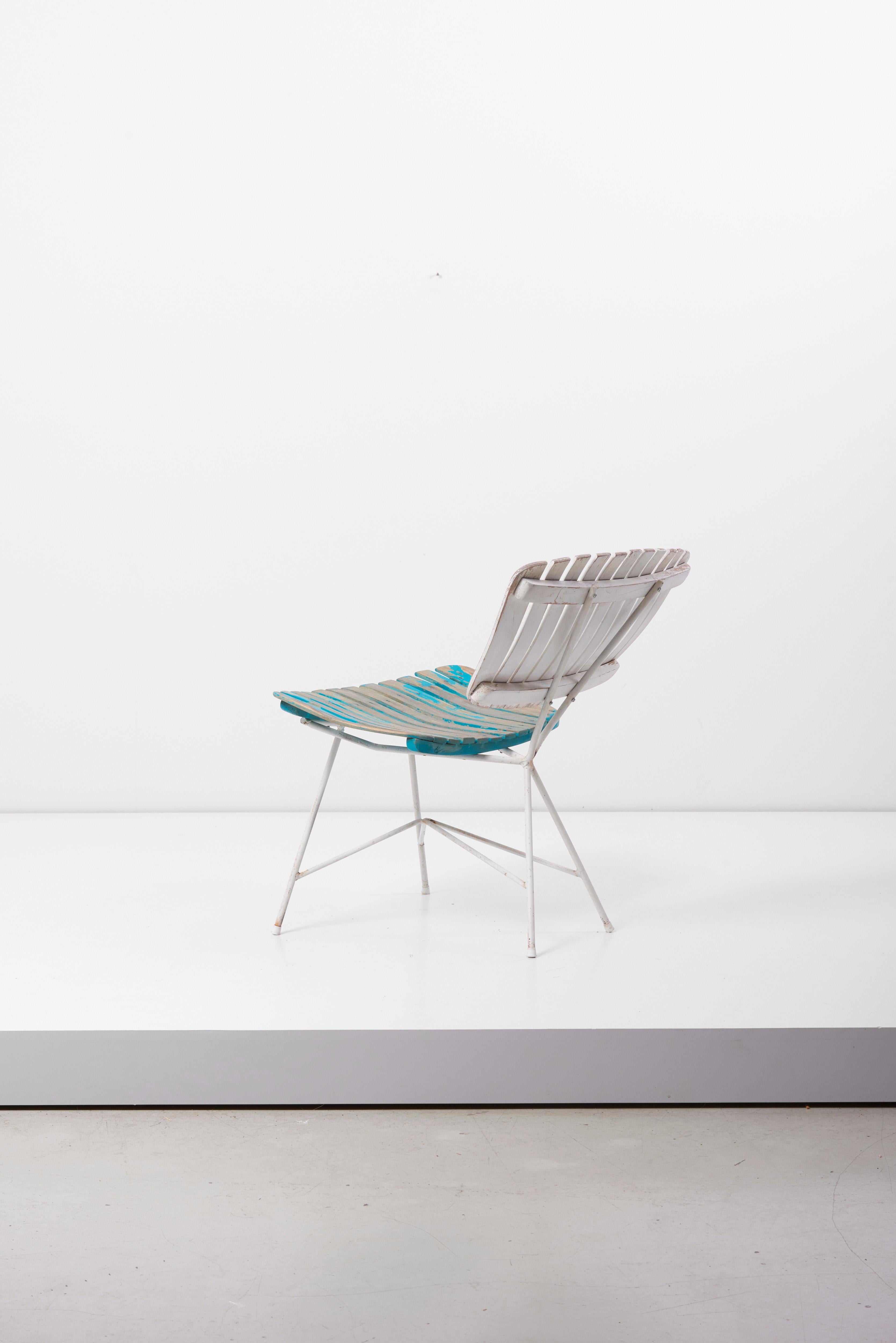 Wood Slat and Iron Low Lounge Chair by Arthur Umanoff for Raymor US, 1950s In Fair Condition In Berlin, DE