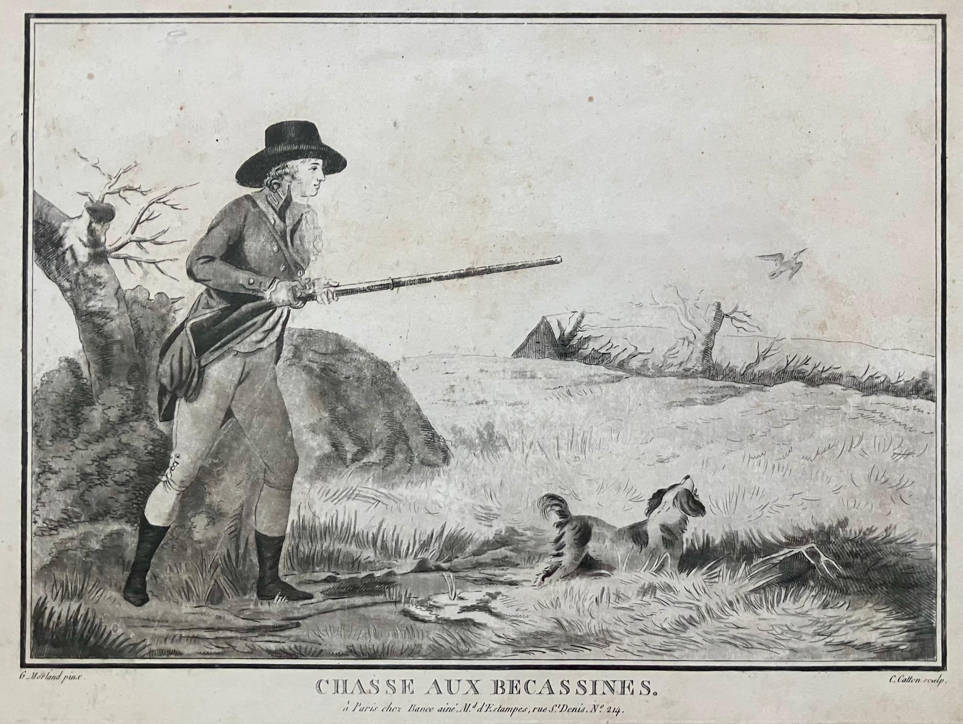 Grabado de caza de agachadizas en madera. Antiguo grabado francés de c. 1790 de la caza de agachadizas en madera de G. Moreland  