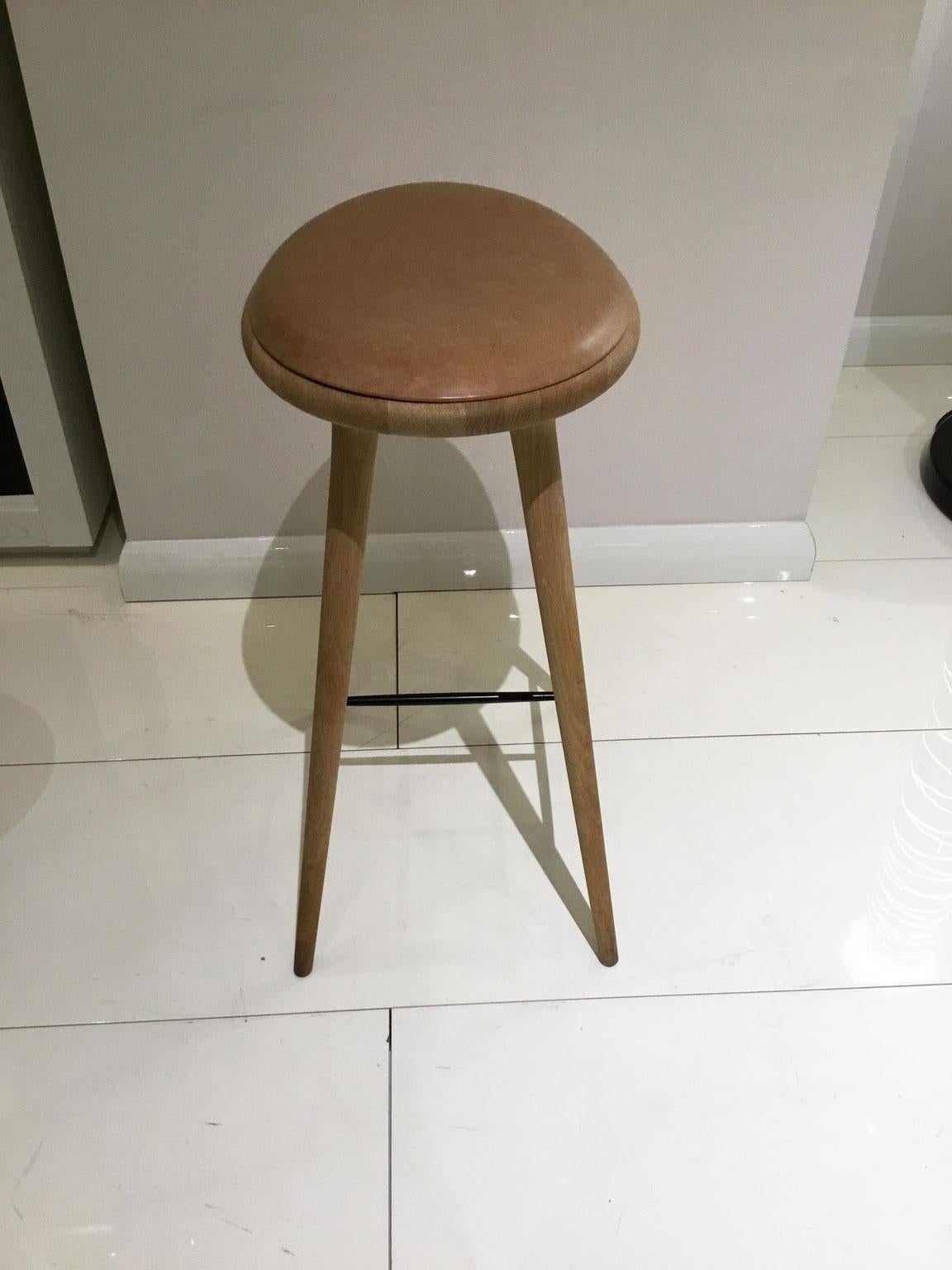 European Wood Soaped Oak Bar Stool with Natural Tanned Leather Seat For Sale