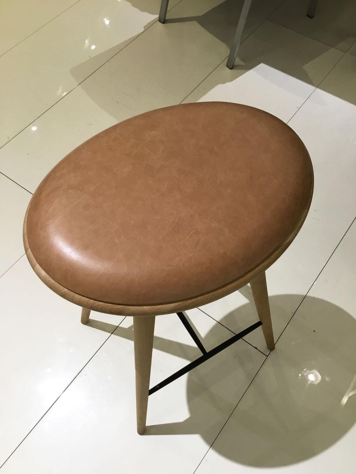 Wood Soaped Oak Bar Stool with Natural Tanned Leather Seat For Sale 1