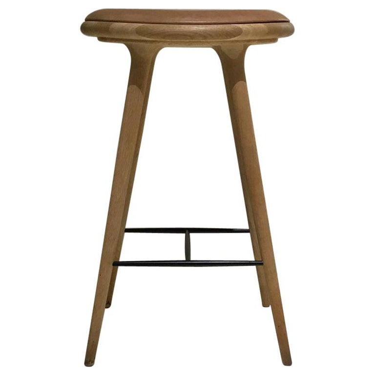 Wood Soaped Oak Bar Stool with Natural Tanned Leather Seat For Sale at