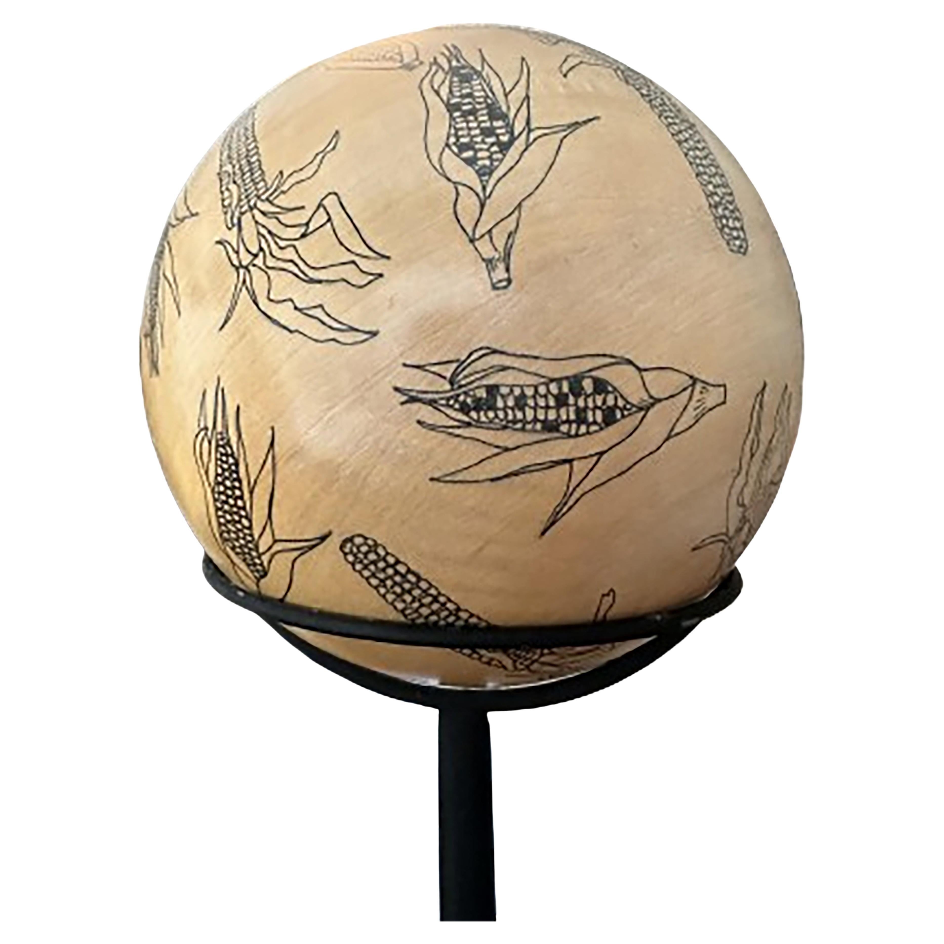 Wood Sphere Sculpture "Corn Ball" by Michael Stallings with Stand