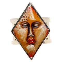 Anello in Wood e Sterling Silver in stile Fornasetti con motivo a volto dipinto