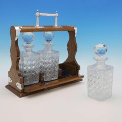 Wood & Sterling Silver Tantalus with 3 Original Decanters, Hallmarked in 1925