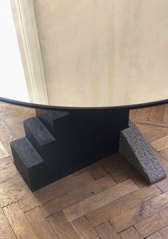 Wood, Stone, and Mirror Round Staircase Table By Rooms Studio