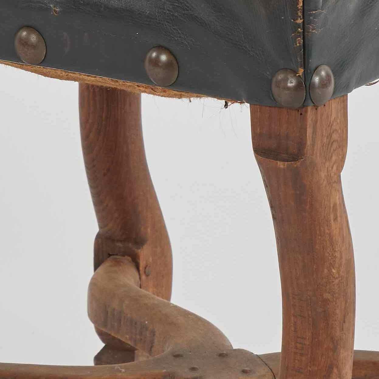 Victorian Wood Stool Upholstered in Dark Brown Leather from Late 19th Century France For Sale