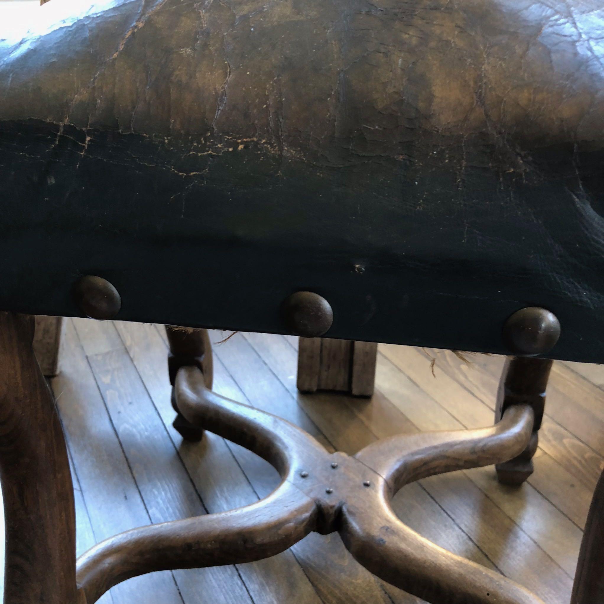 Wood Stool Upholstered in Dark Brown Leather from Late 19th Century France In Good Condition For Sale In Los Angeles, CA