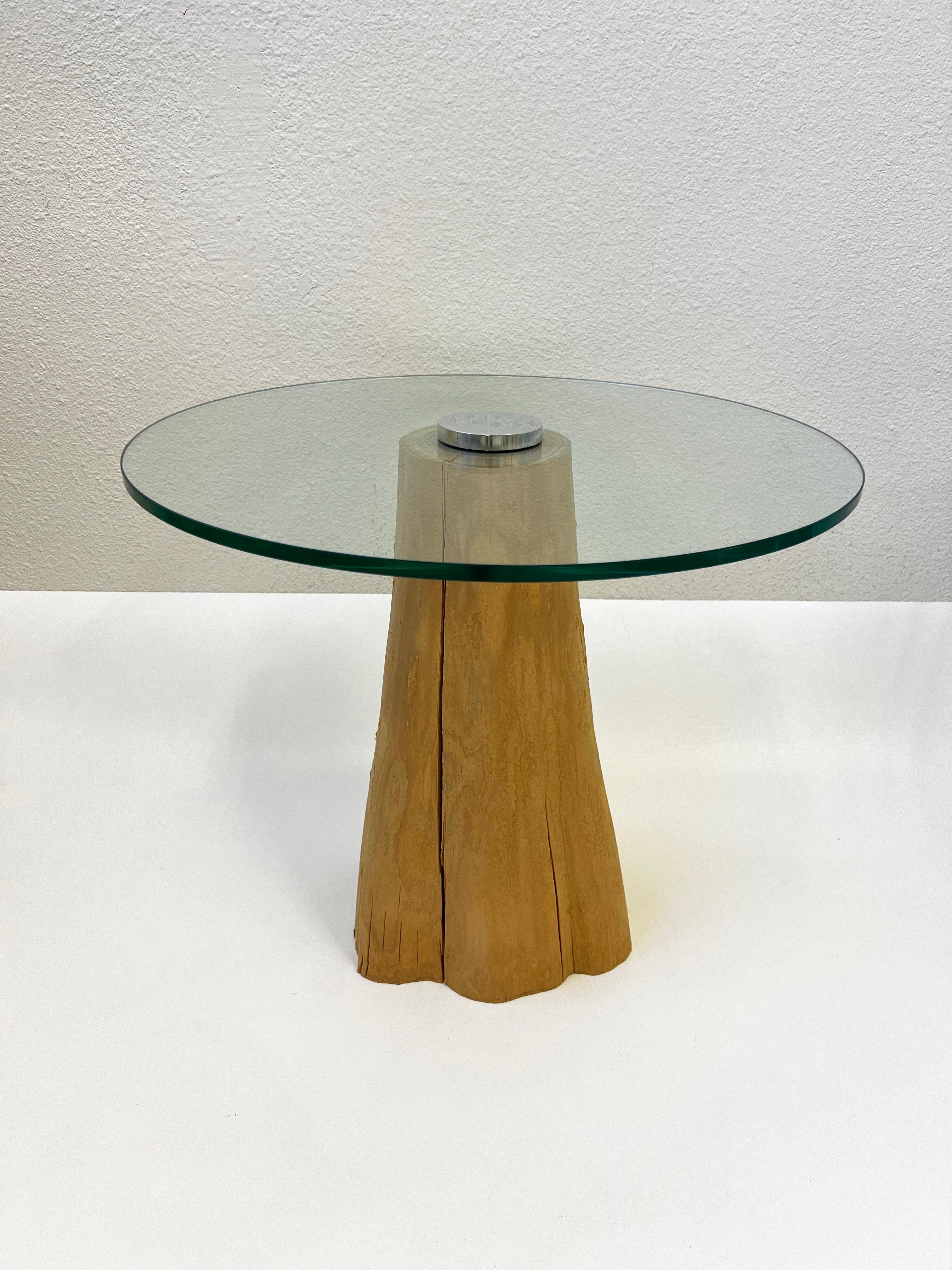American Wood Stump and Glass Side Table by Michael  Taylor For Sale