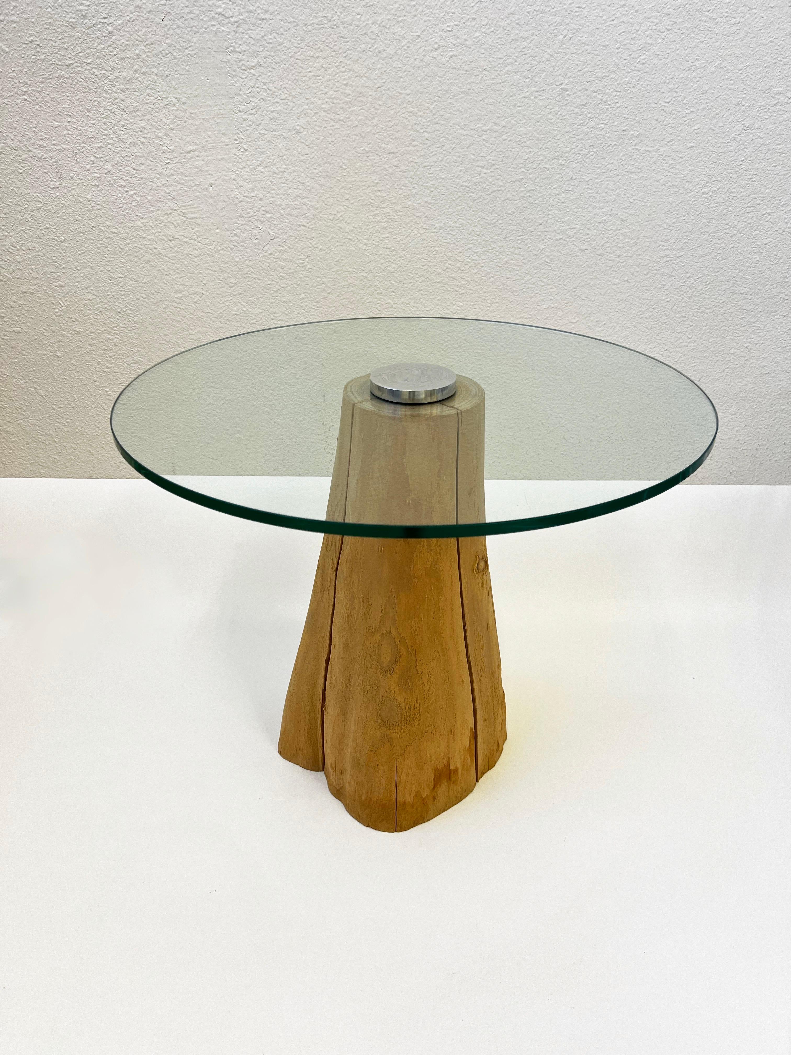 Hand-Crafted Wood Stump and Glass Side Table by Michael  Taylor For Sale