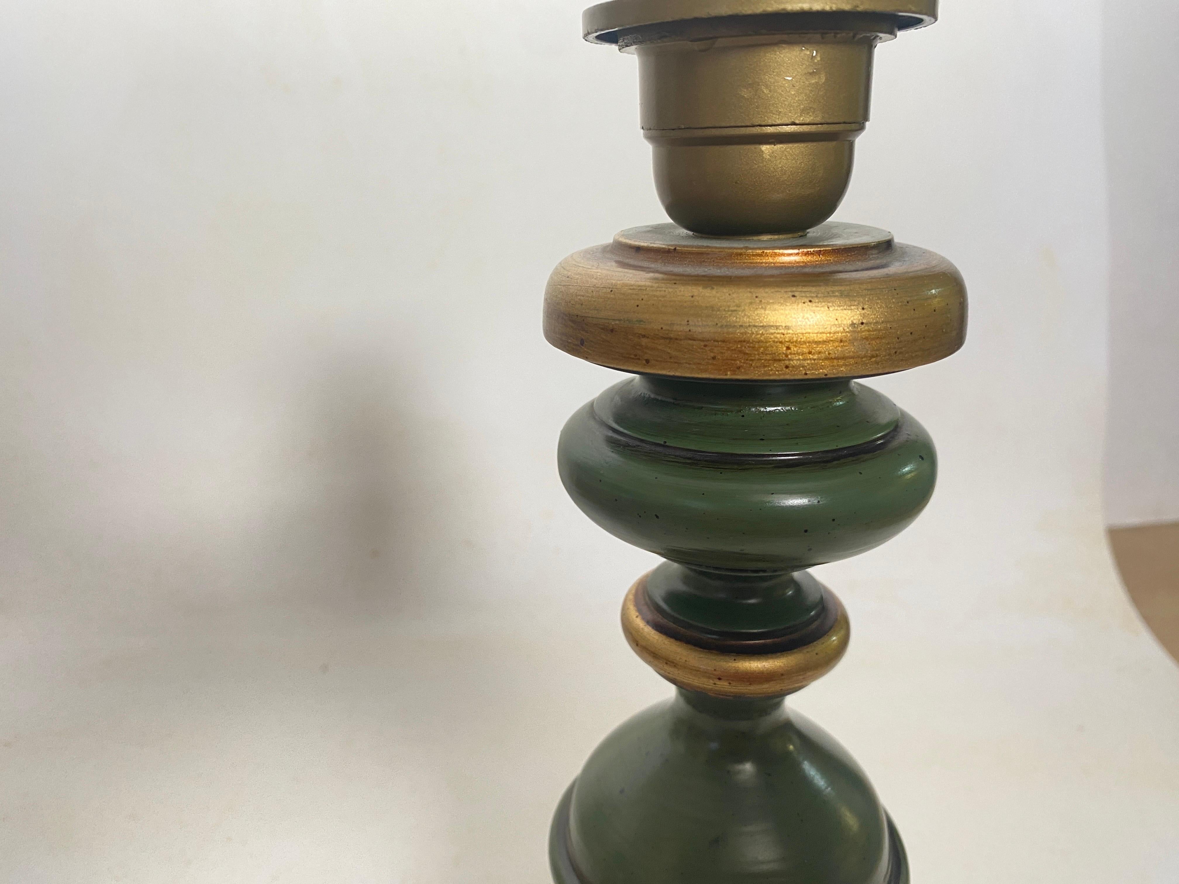 Wood Table Lamp, Made in France, Green Color, Circa 1970 For Sale 2