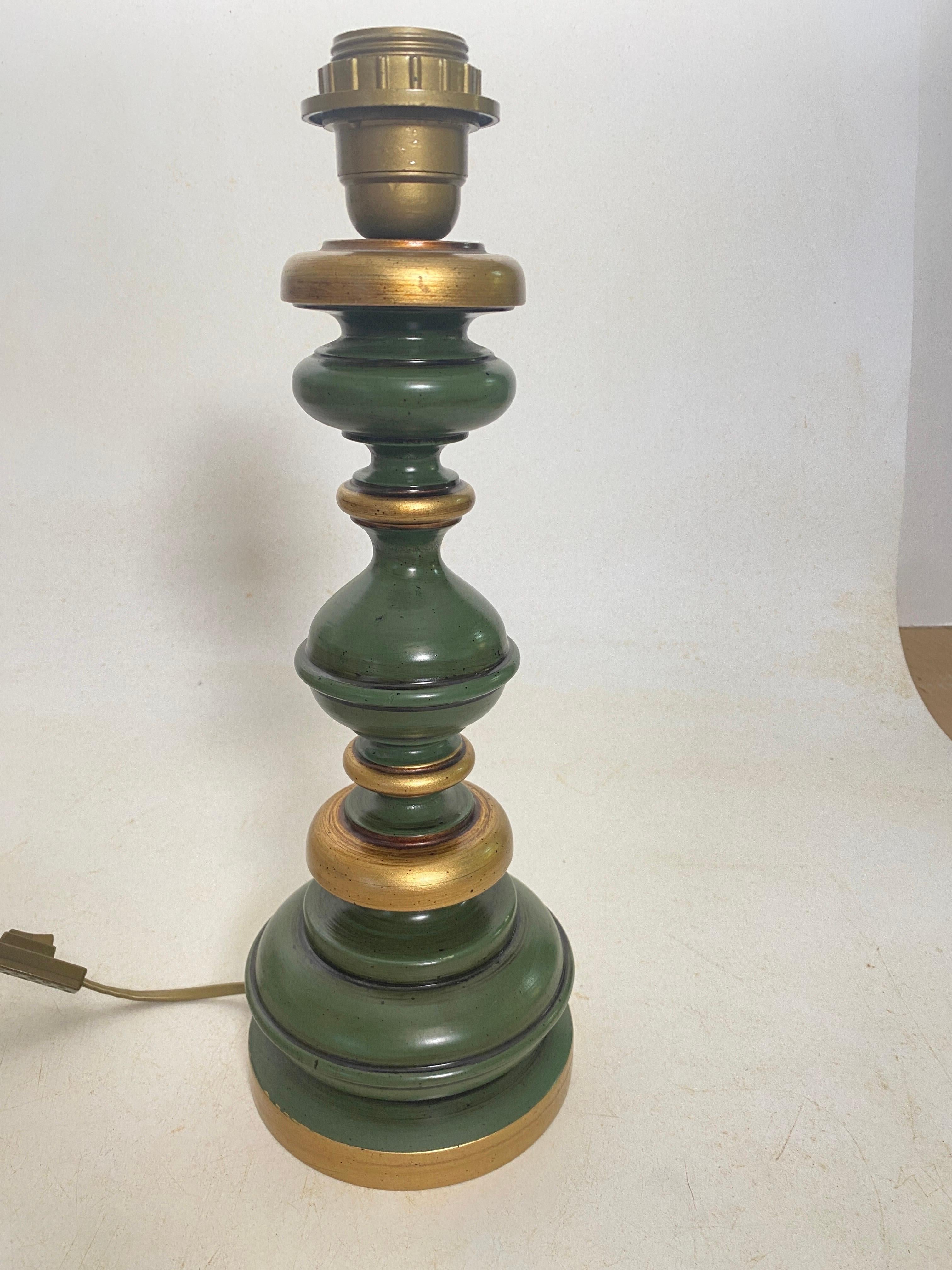 Wood Table Lamp, Made in France, Green Color, Circa 1970 For Sale 3