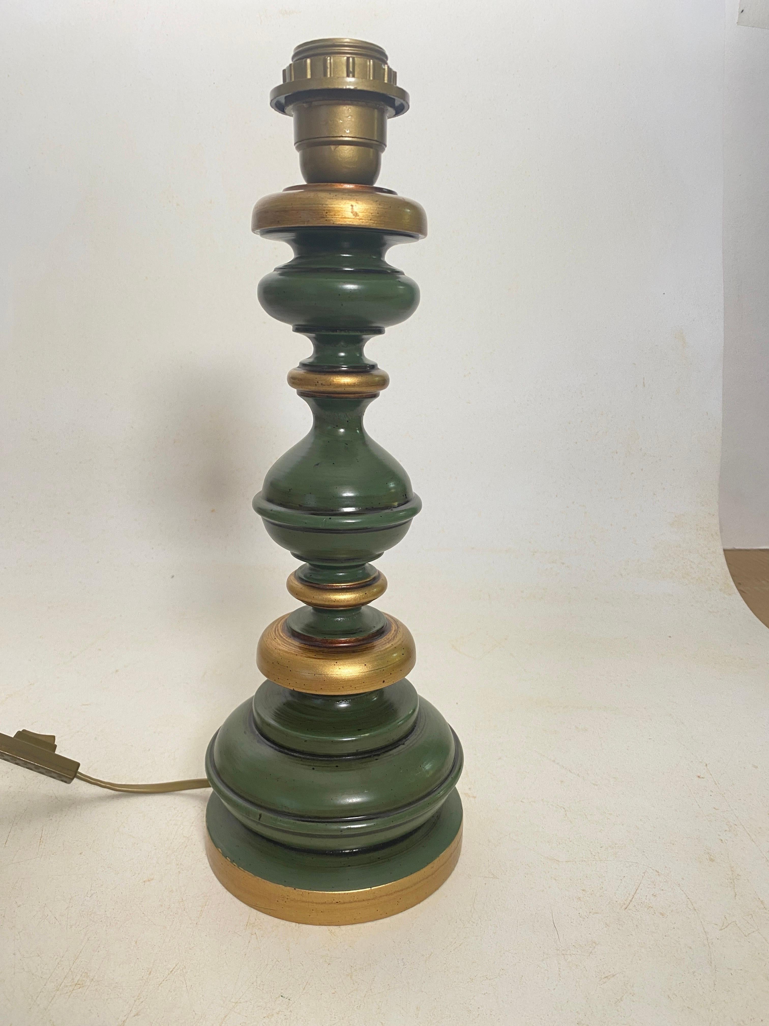 Wood Table Lamp, Made in France, Green Color, Circa 1970 For Sale 4