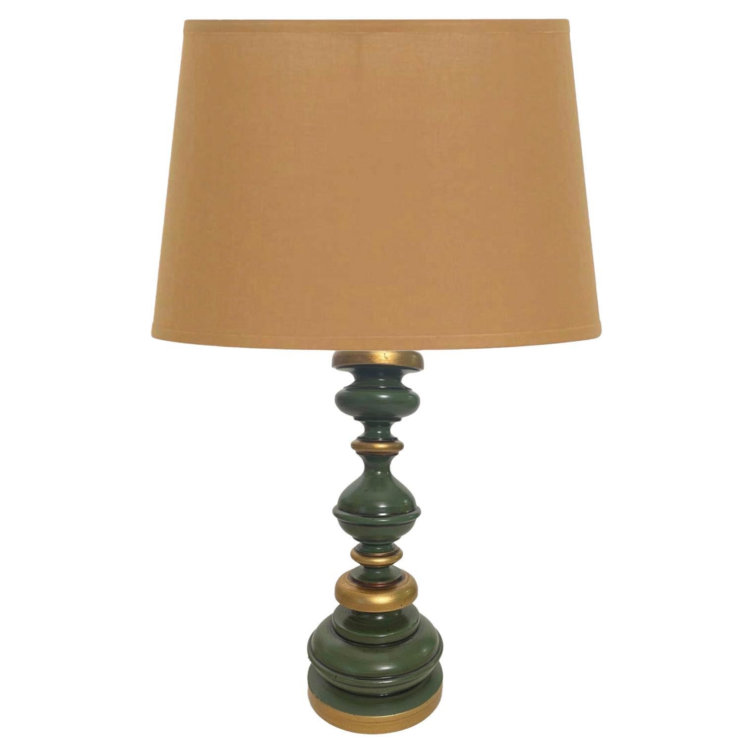 Wood Table Lamp, Made in France, Green Color, Circa 1970 For Sale