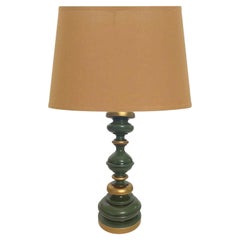 Vintage Wood Table Lamp, Made in France, Green Color, Circa 1970
