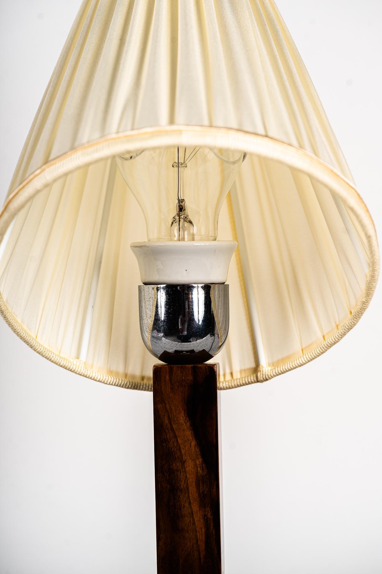 Wood Table Lamp with Fabric Shade Around 1950s In Good Condition For Sale In Wien, AT