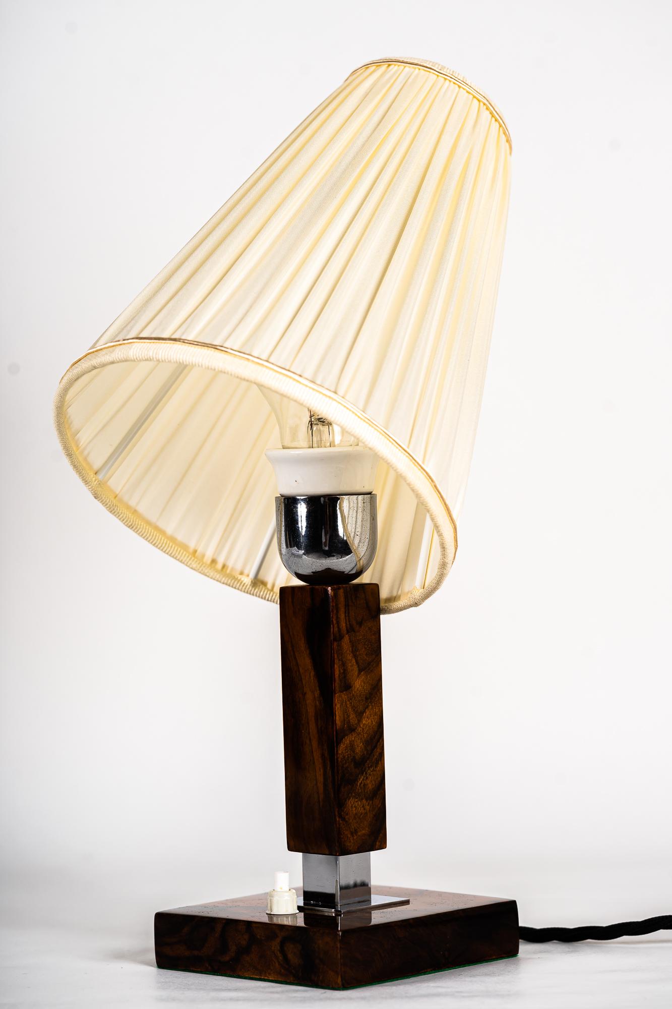 Mid-20th Century Wood Table Lamp with Fabric Shade Around 1950s For Sale