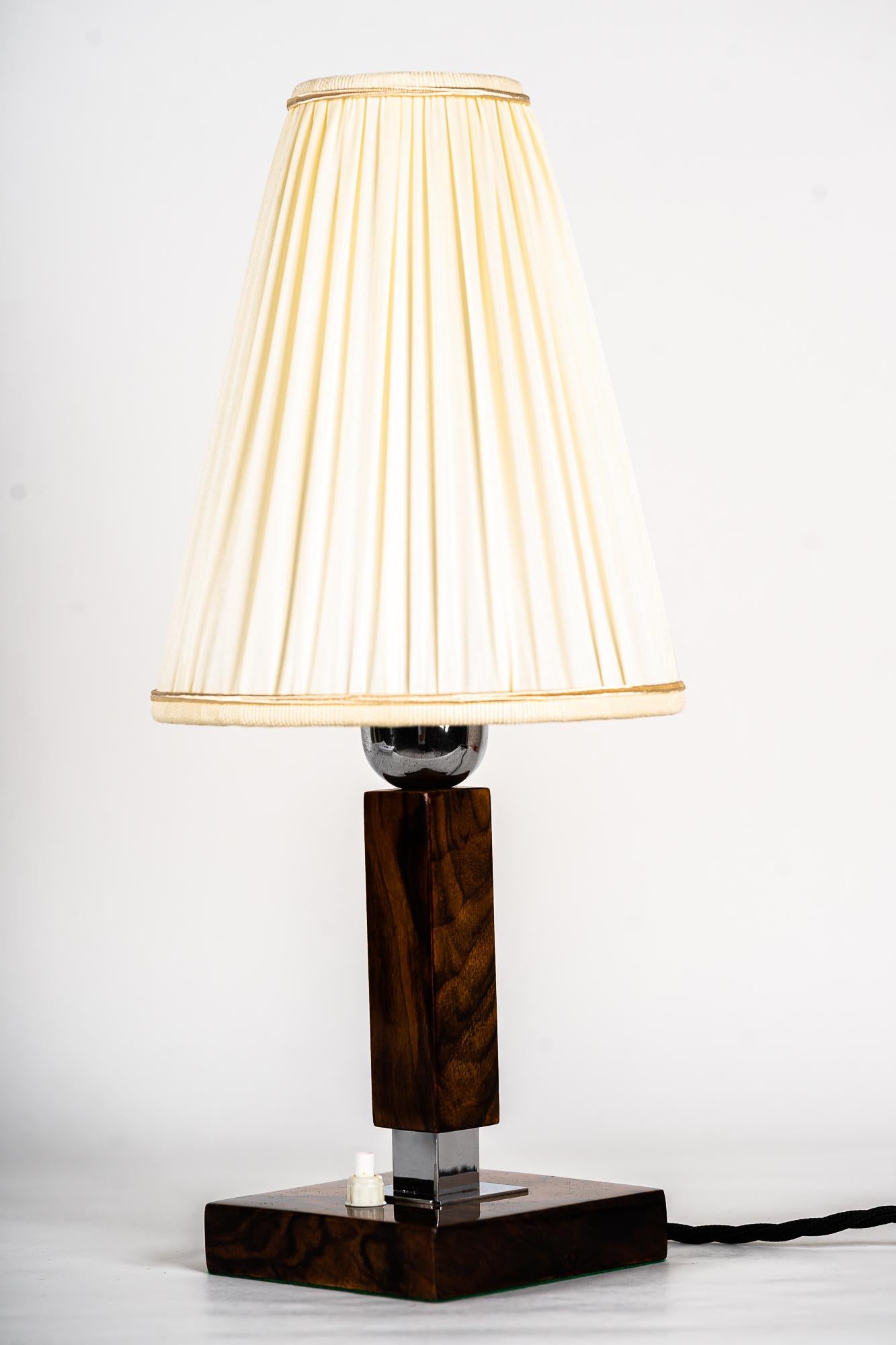 Wood Table Lamp with Fabric Shade Around 1950s For Sale 1