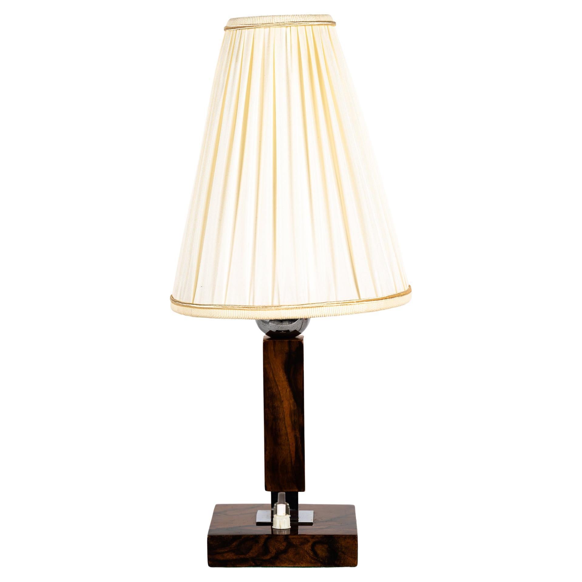 Wood Table Lamp with Fabric Shade Around 1950s