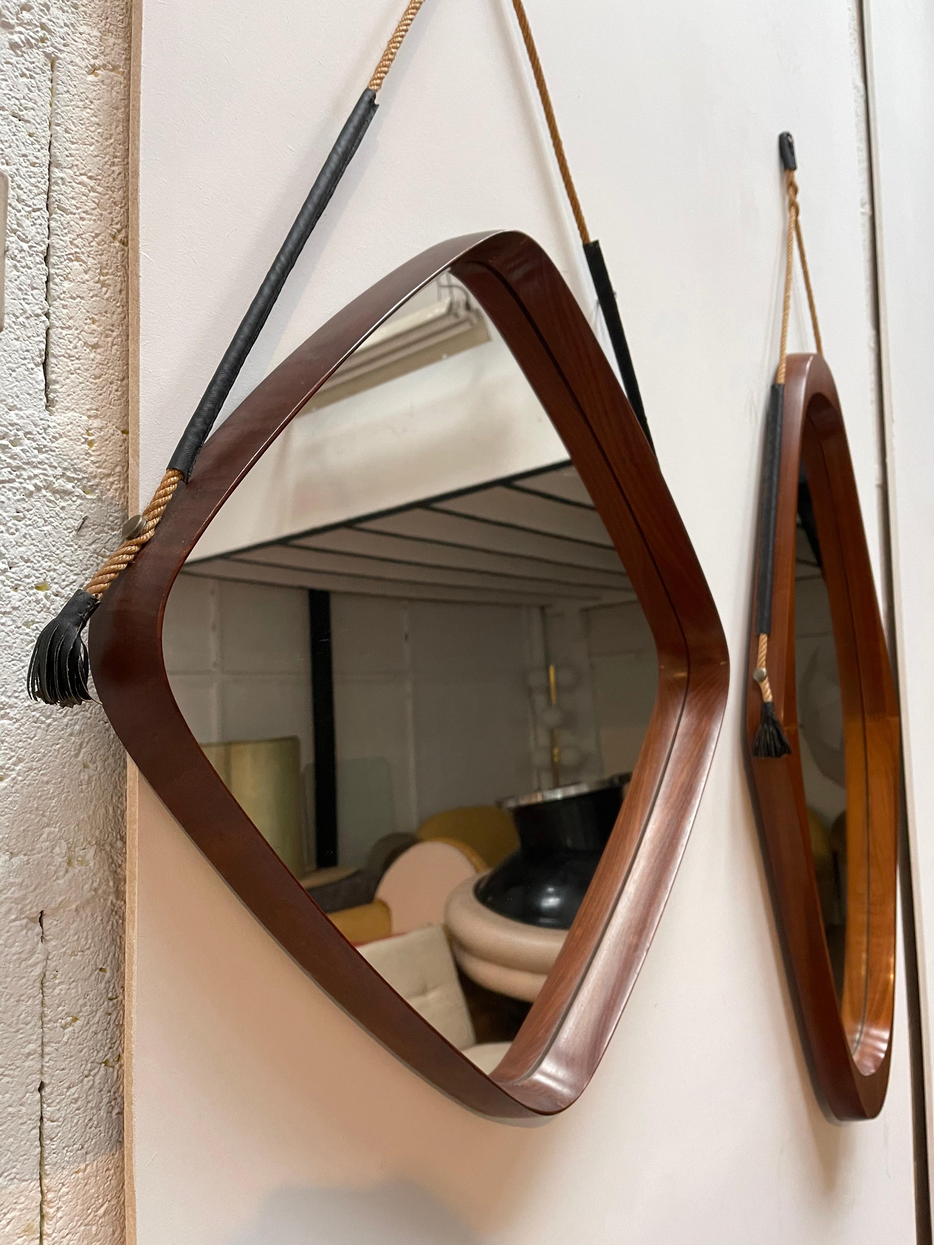 Mid-20th Century Wood Teak and Cord Square Mirror, Italy, 1960s