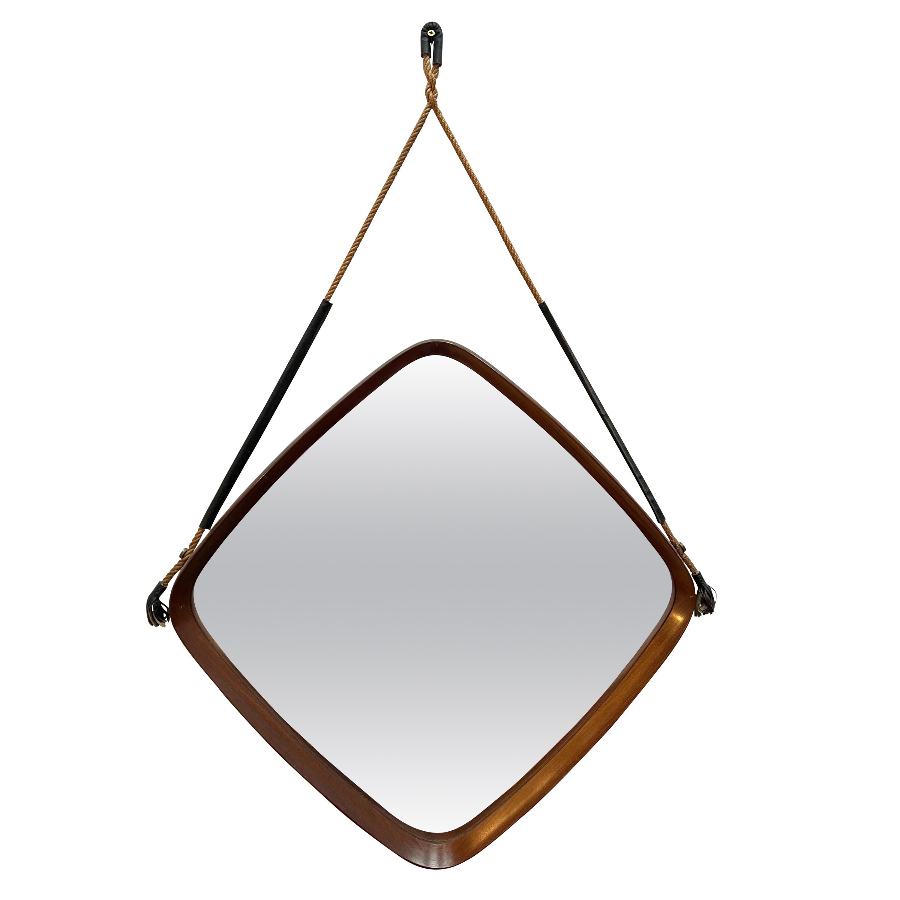 Wood Teak and Cord Square Mirror, Italy, 1960s