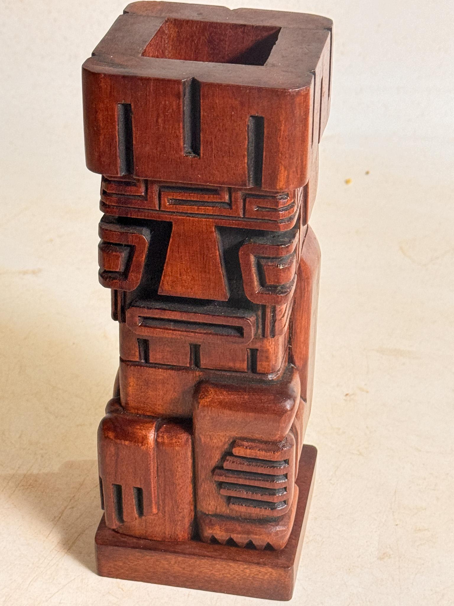 Wood Tiki Totem Sculpture Pen holder Brown Color United States 1960 For Sale 1