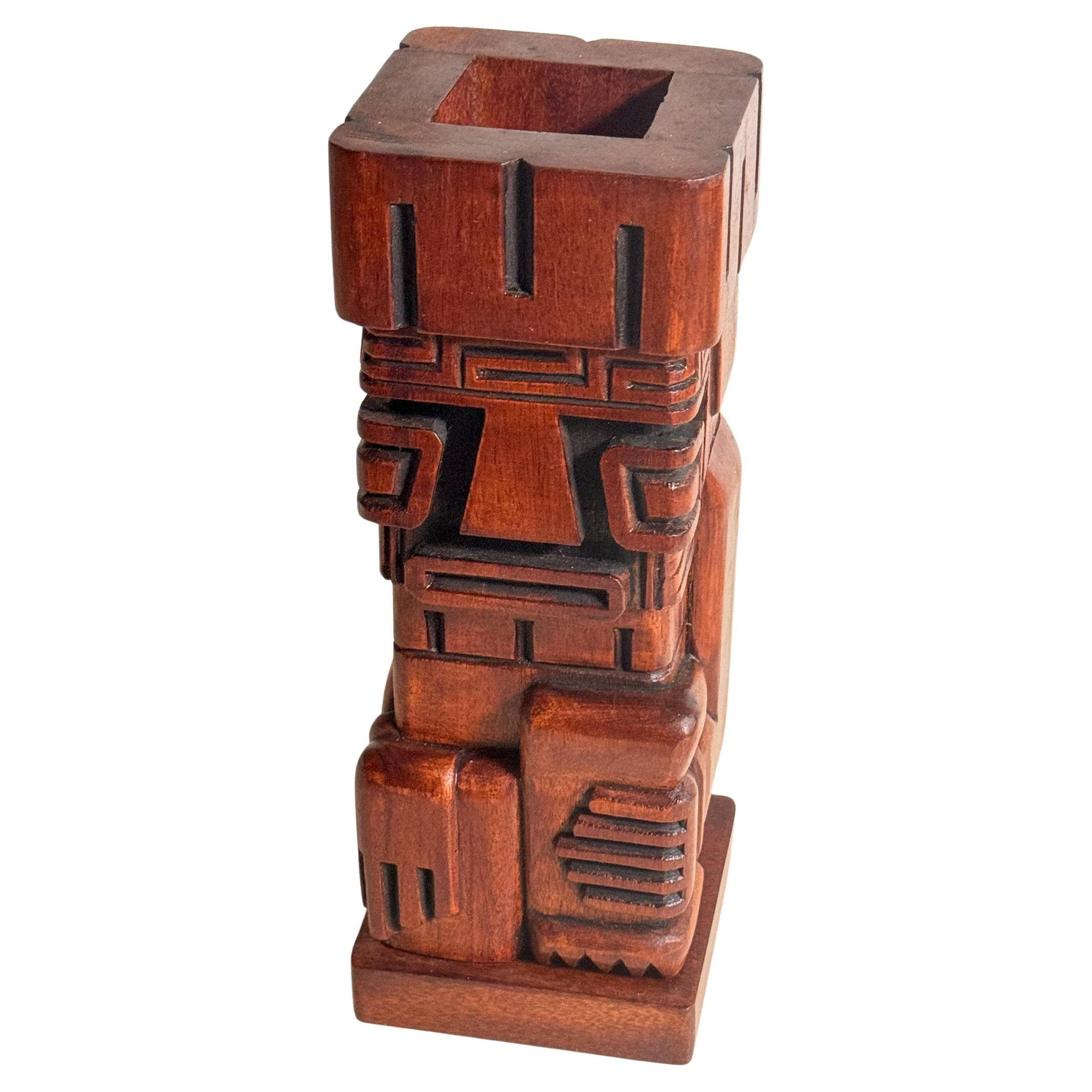 Madera Tiki Totem Escultura Portaplumas Color Marrón Estados Unidos 1960