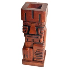 Retro Wood Tiki Totem Sculpture Pen holder Brown Color United States 1960