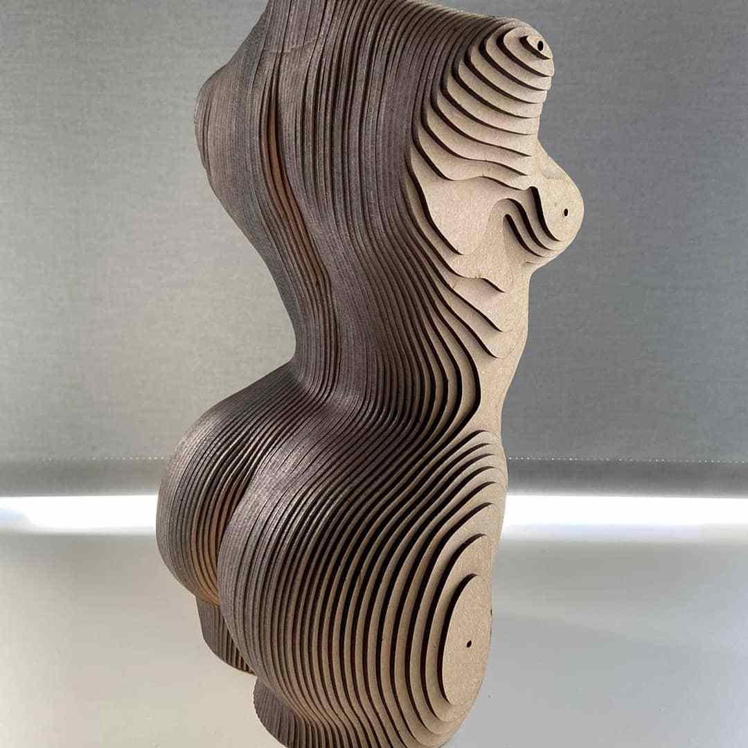 Female torso made of mdf. All the layers are hand glued together and precisely cut out. This piece consists out of seventy-two layers of three millimetre thigh mdf.