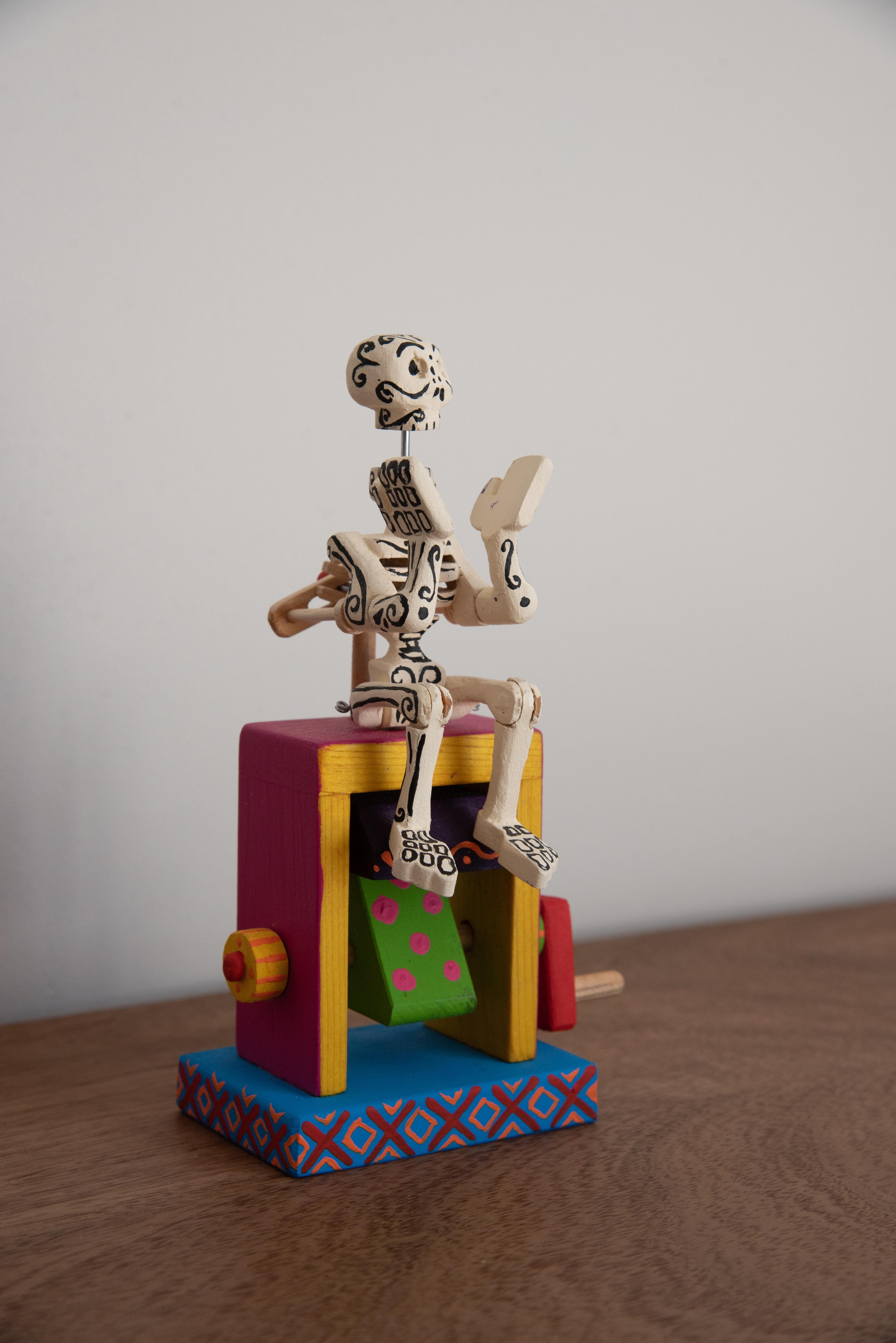Hand-Carved Wood Toy Mexican Calavera Skeleton Day of the Dead Traditional Colorful Folk Art For Sale